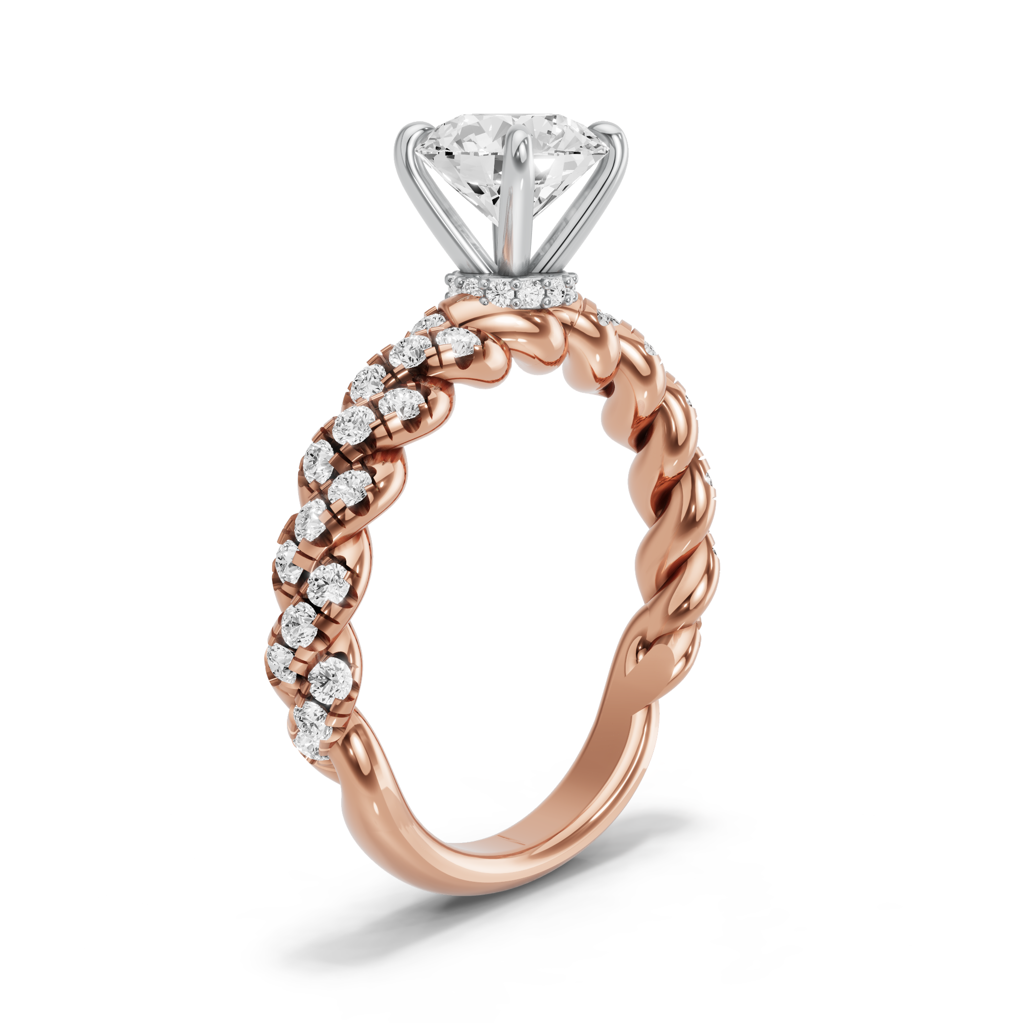 Image for Round Hidden Halo Ring with Twist Pave band in 14K Two Tone Rose Gold