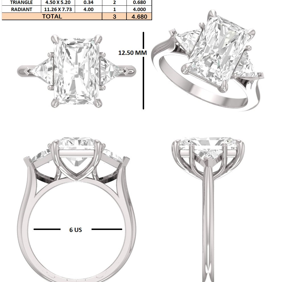 Custom Order -  Hannah Boggess | 4CT Radiant Engagement ring | Three Stone | Color & Clarity - D/VVS | 10K White Gold | Ring Size - 5.5(US)