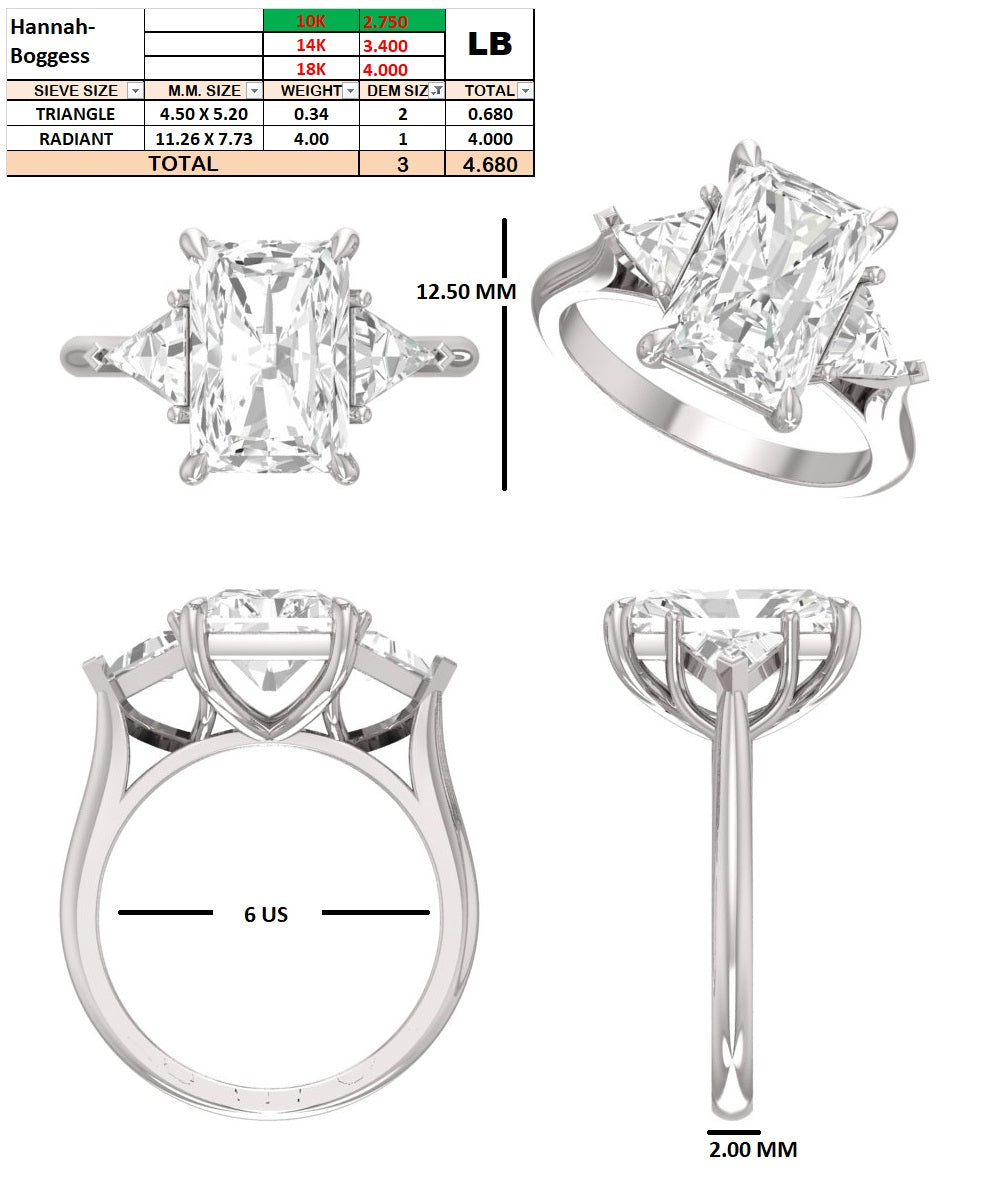 Custom Order -  Hannah Boggess | 4CT Radiant Engagement ring | Three Stone | Color & Clarity - D/VVS | 10K White Gold | Ring Size - 5.5(US)