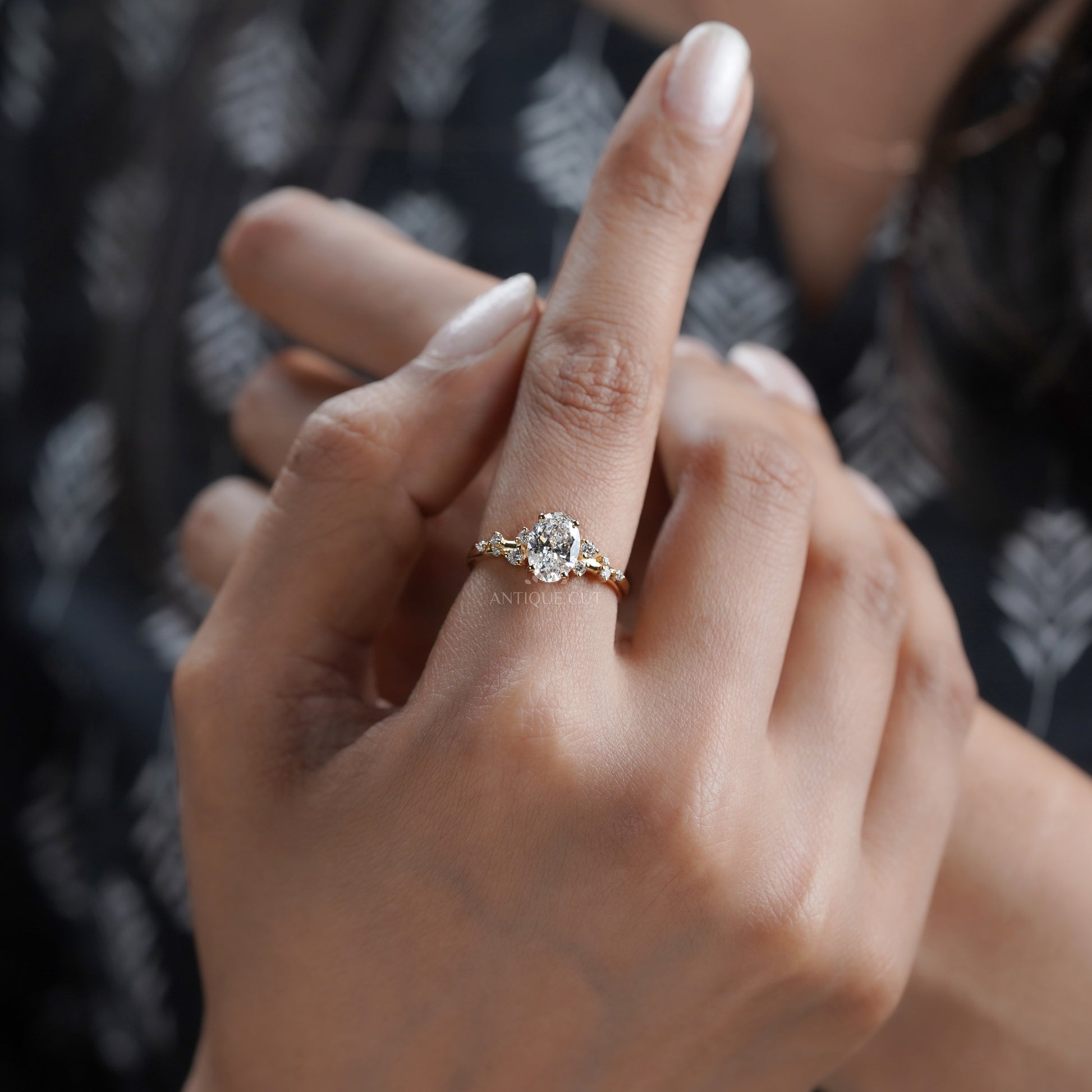 Oval 1.50tcw Lab Diamond Cluster Ring | Yellow Gold | Unique Side Design | IGI Certified