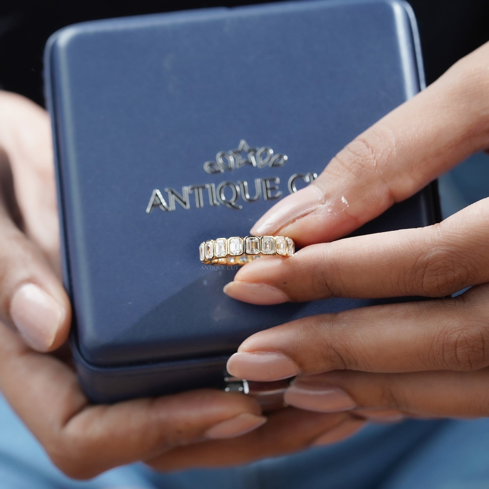 Emerald Cut 3.60tcw Lab Diamond Eternity Band | IGI Certified | Yellow Gold