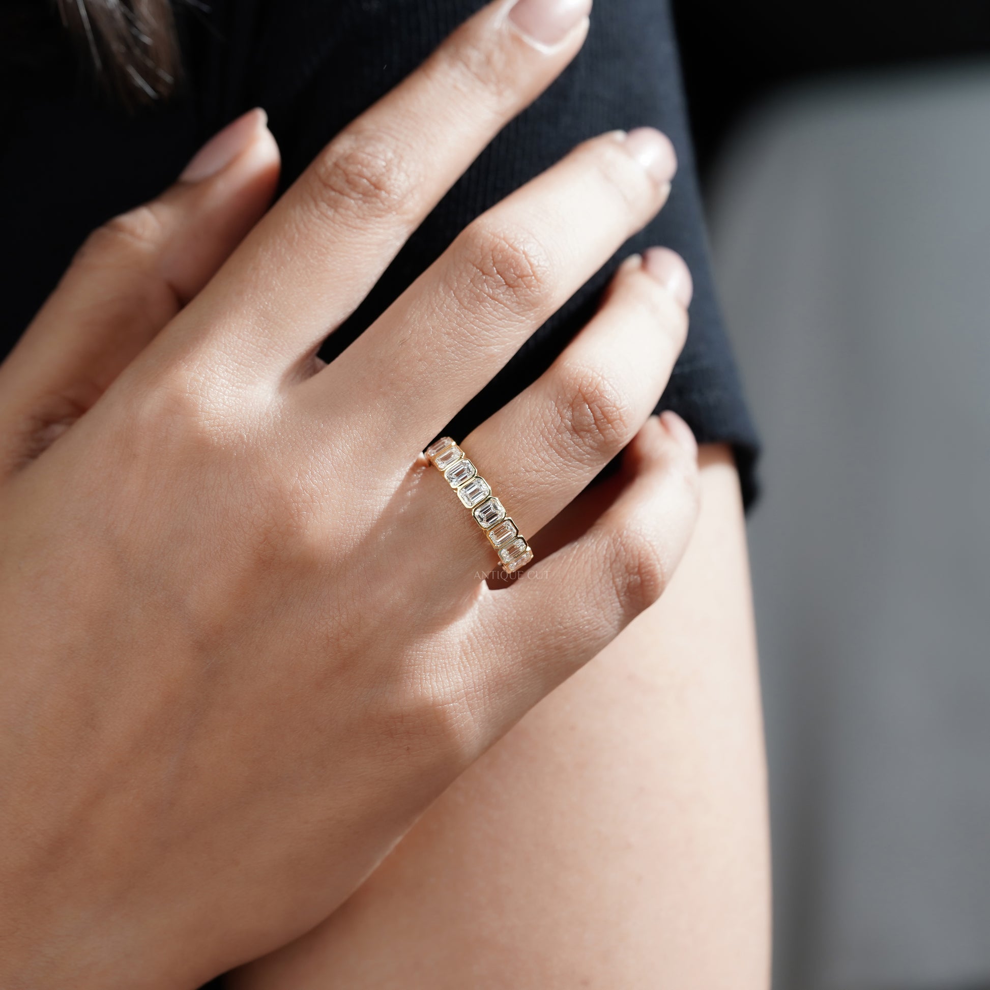 Emerald Cut 3.60tcw Lab Diamond Eternity Band | IGI Certified | Yellow Gold