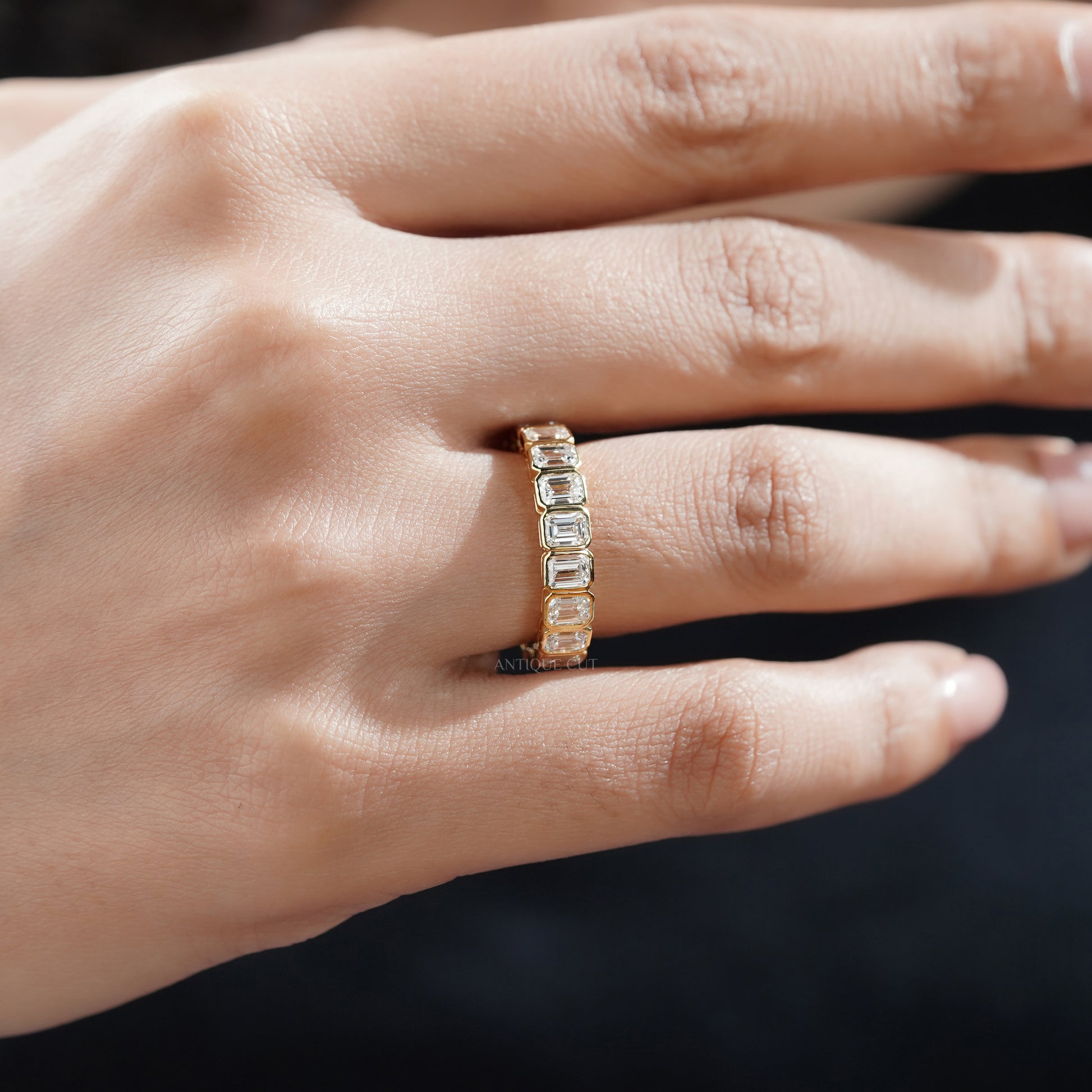 Emerald Cut 3.60tcw Lab Diamond Eternity Band | IGI Certified | Yellow Gold