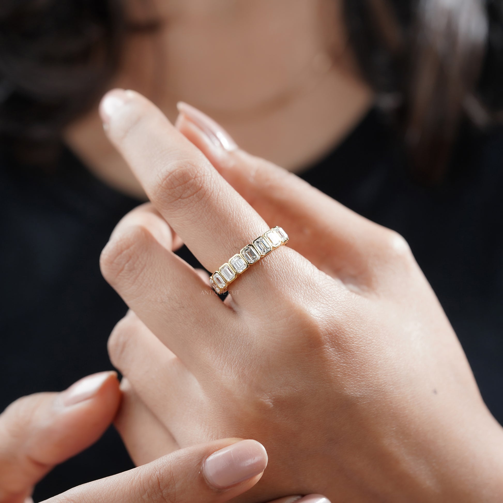 Emerald Cut 3.60tcw Lab Diamond Eternity Band | IGI Certified | Yellow Gold