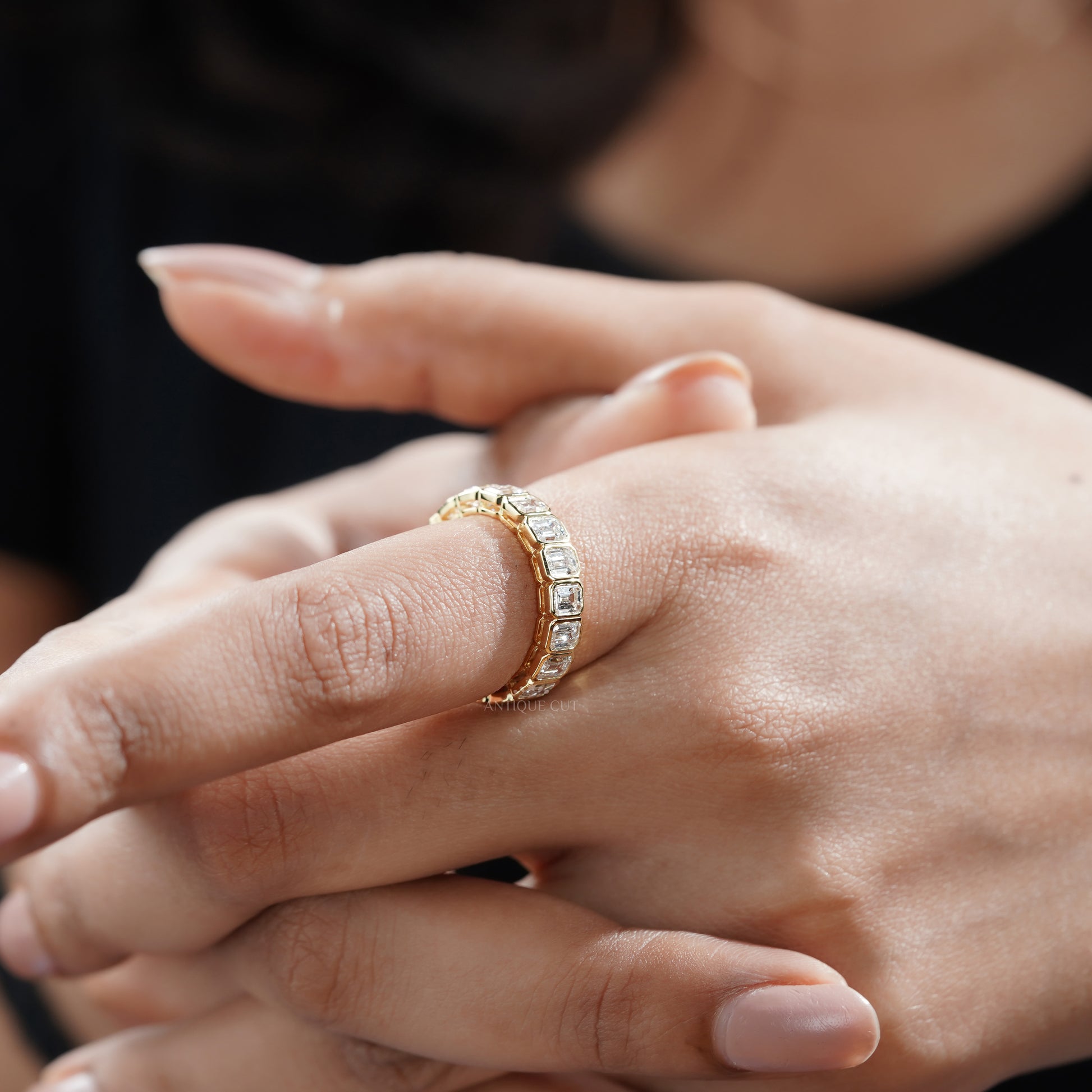 Emerald Cut 3.60tcw Lab Diamond Eternity Band | IGI Certified | Yellow Gold