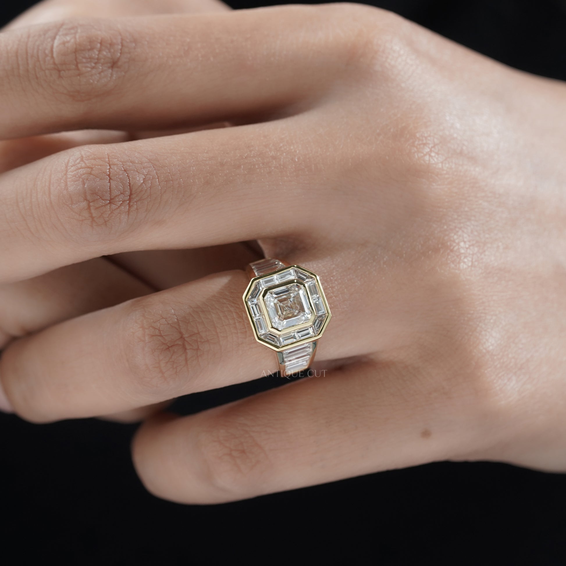 Asscher Cut 3.60ct Lab Grown Diamond Halo Engagement Ring | Baguette Side Stones in Yellow Gold | IGI Certified