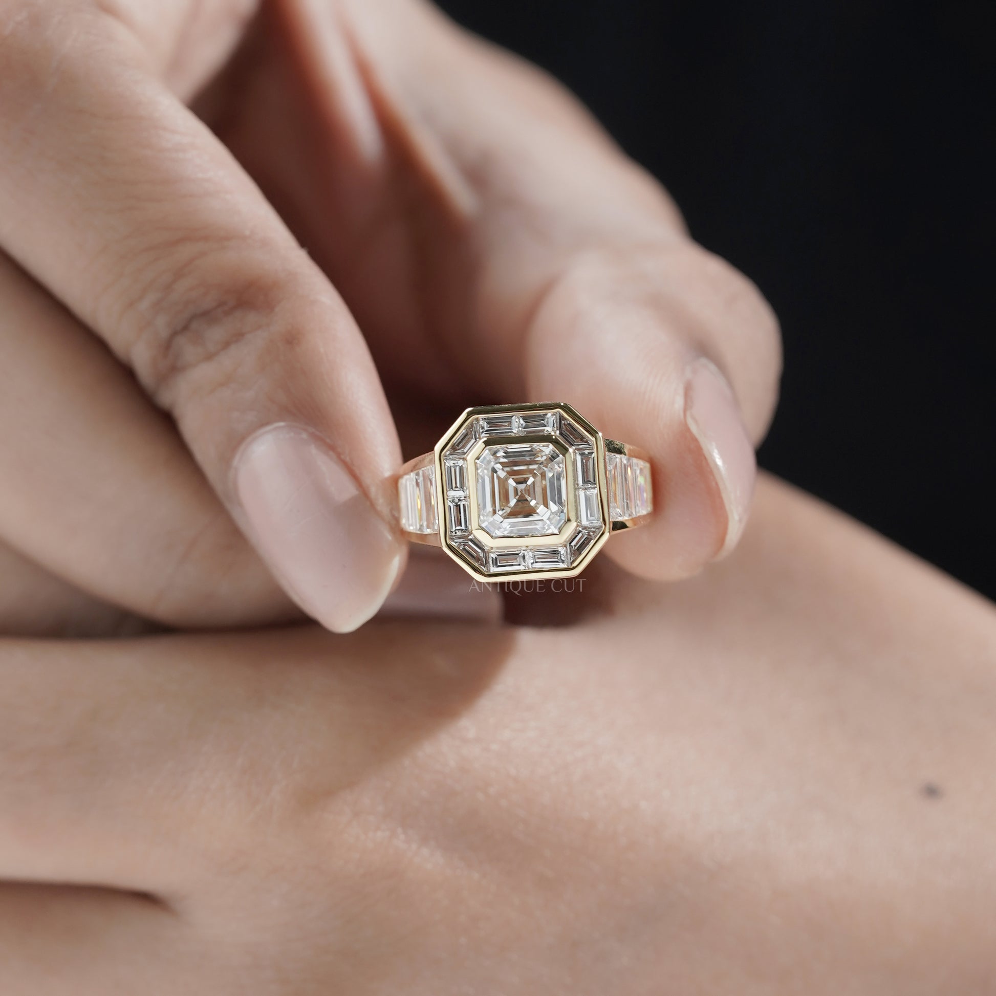 Asscher Cut 3.60ct Lab Grown Diamond Halo Engagement Ring | Baguette Side Stones in Yellow Gold | IGI Certified