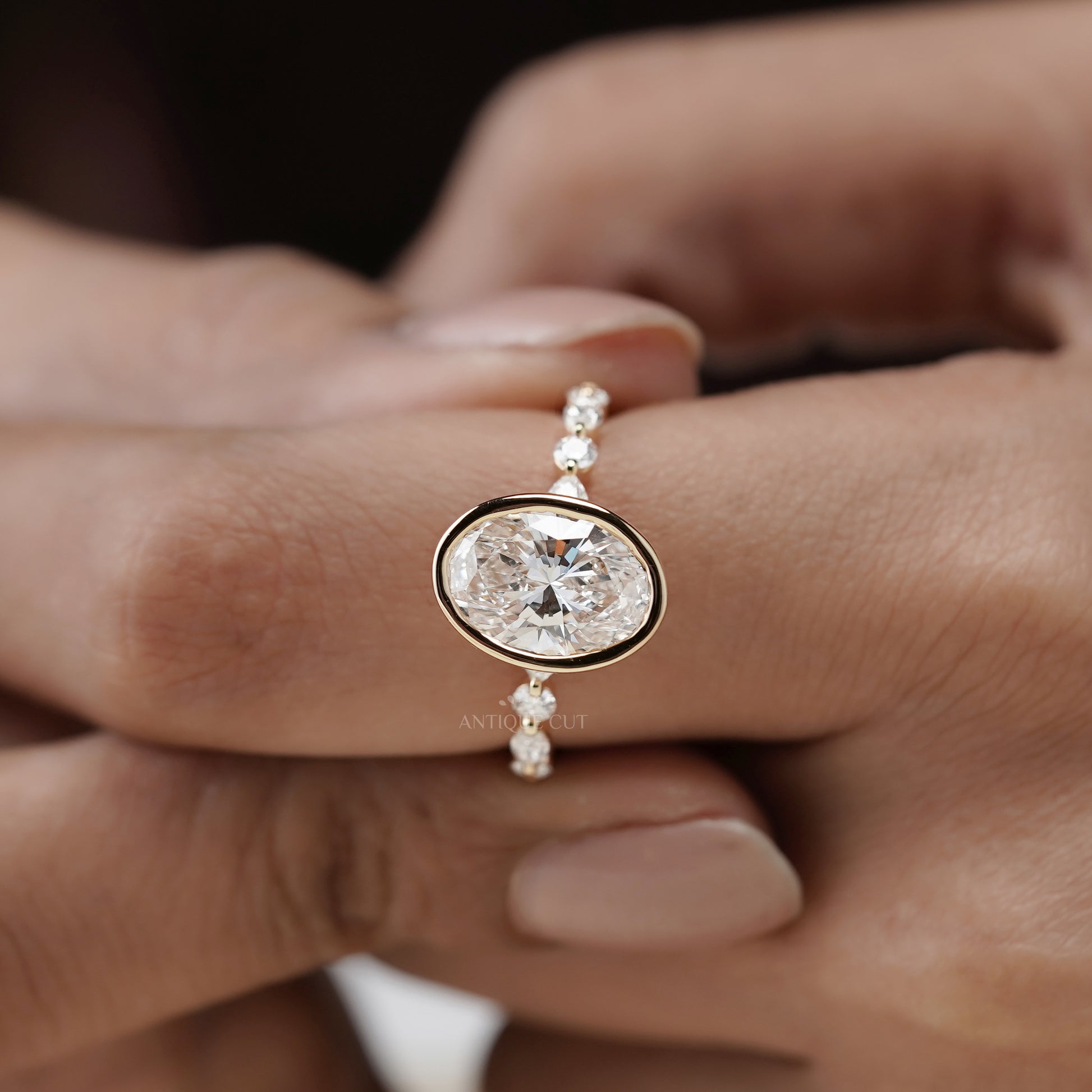 Oval 3.50tcw Bezel Set Lab Grown Diamond Engagement Ring | Yellow Gold with Side Stones | IGI Certified