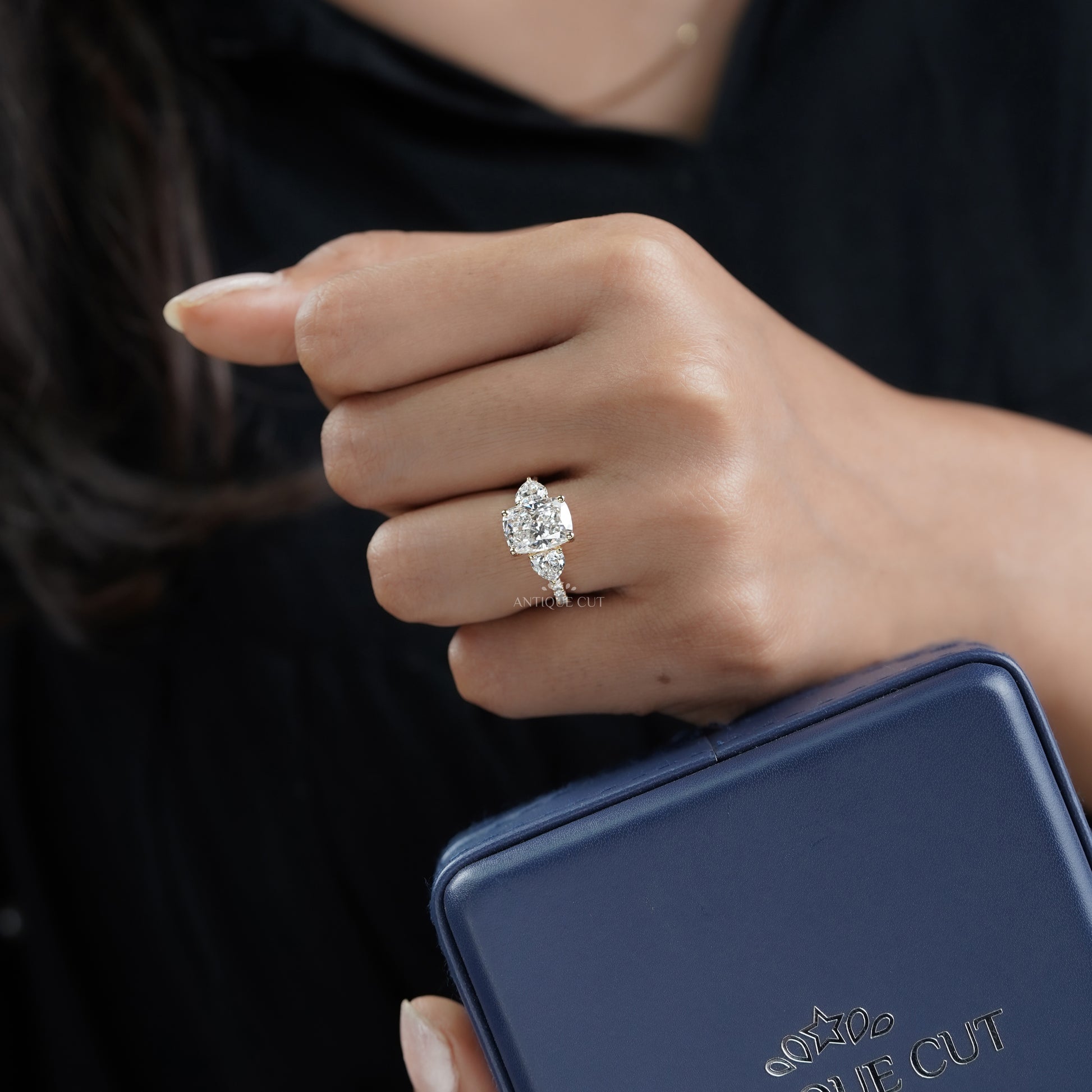 Cushion 3.90tcw Lab-Grown Diamond Three-Stone Ring | Heart & Round Side Stones | Yellow Gold