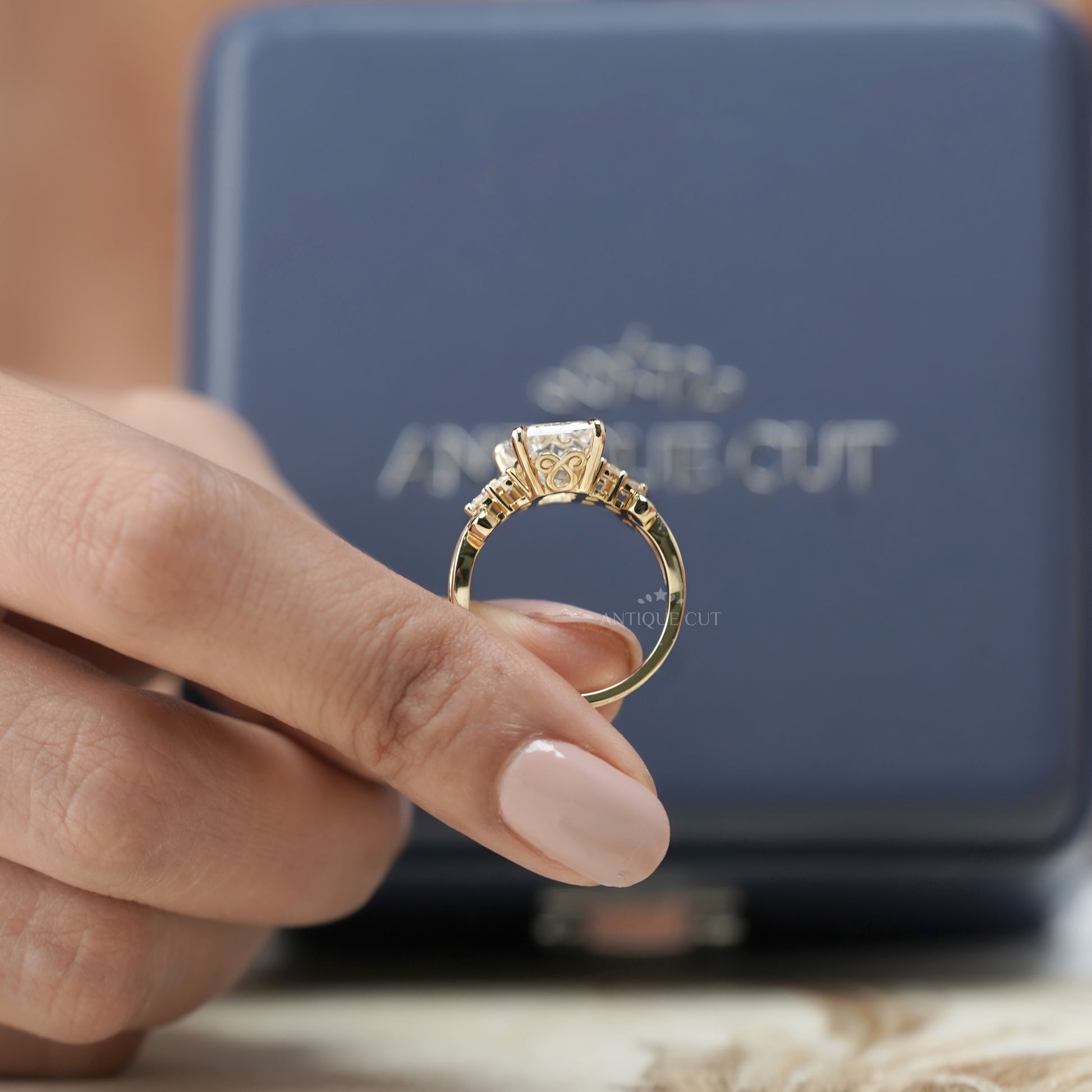 Emerald 5.30tcw Lab Grown Diamond Engagement Ring | Yellow Gold Fleur-de-Lis Setting | IGI Certified