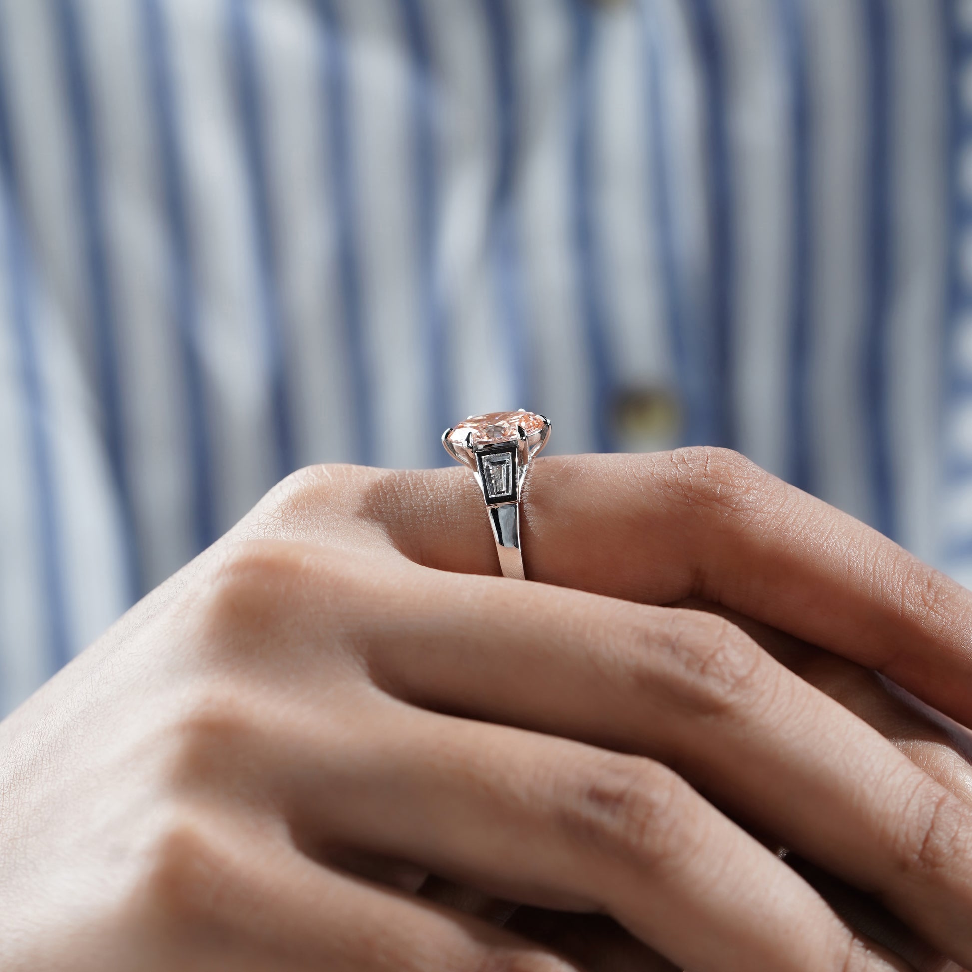 Oval 3.80tcw Fancy Pink Lab Grown Diamond Three Stone Ring | IGI Certified