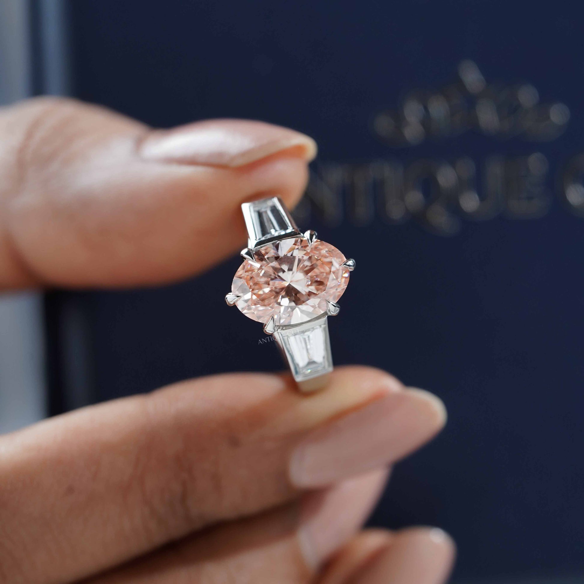 Oval 3.80tcw Fancy Pink Lab Grown Diamond Three Stone Ring | IGI Certified