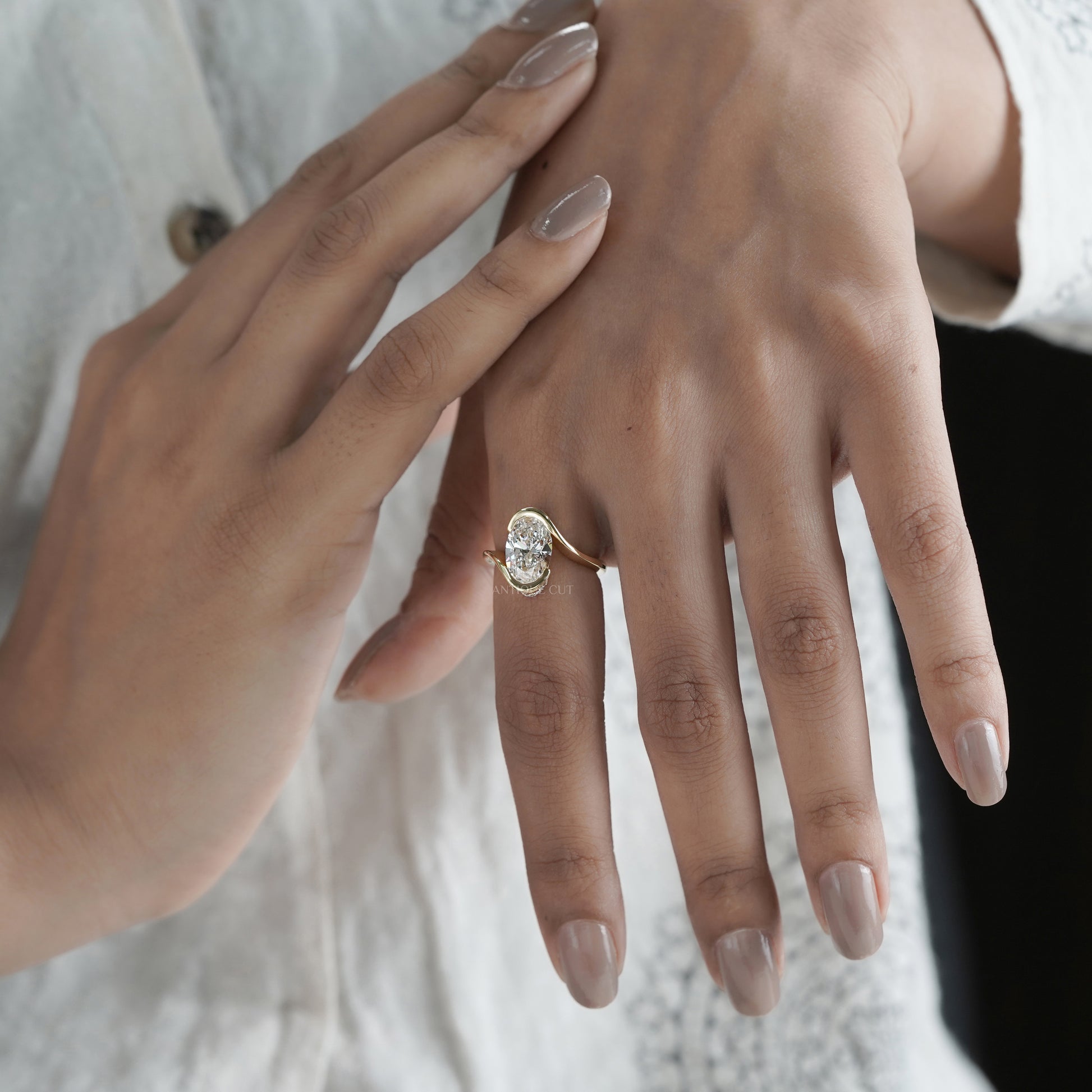 Oval 3.40tcw Lab Diamond Swirl Ring | Modern Wrap Yellow Gold Design | IGI Certified