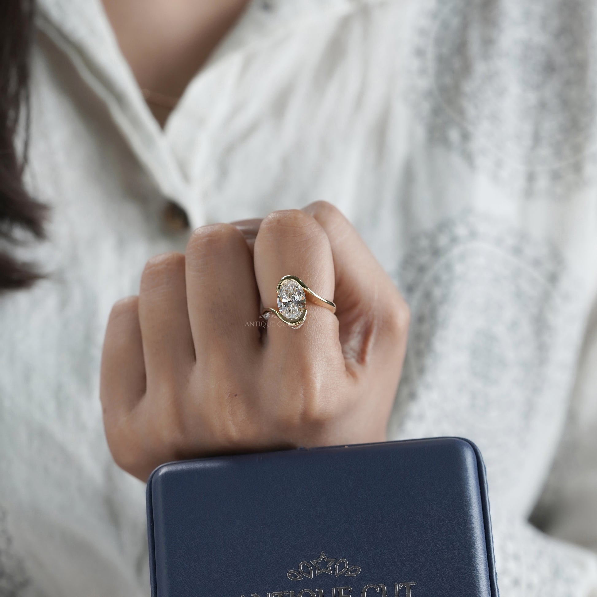 Oval 3.40tcw Lab Diamond Swirl Ring | Modern Wrap Yellow Gold Design | IGI Certified