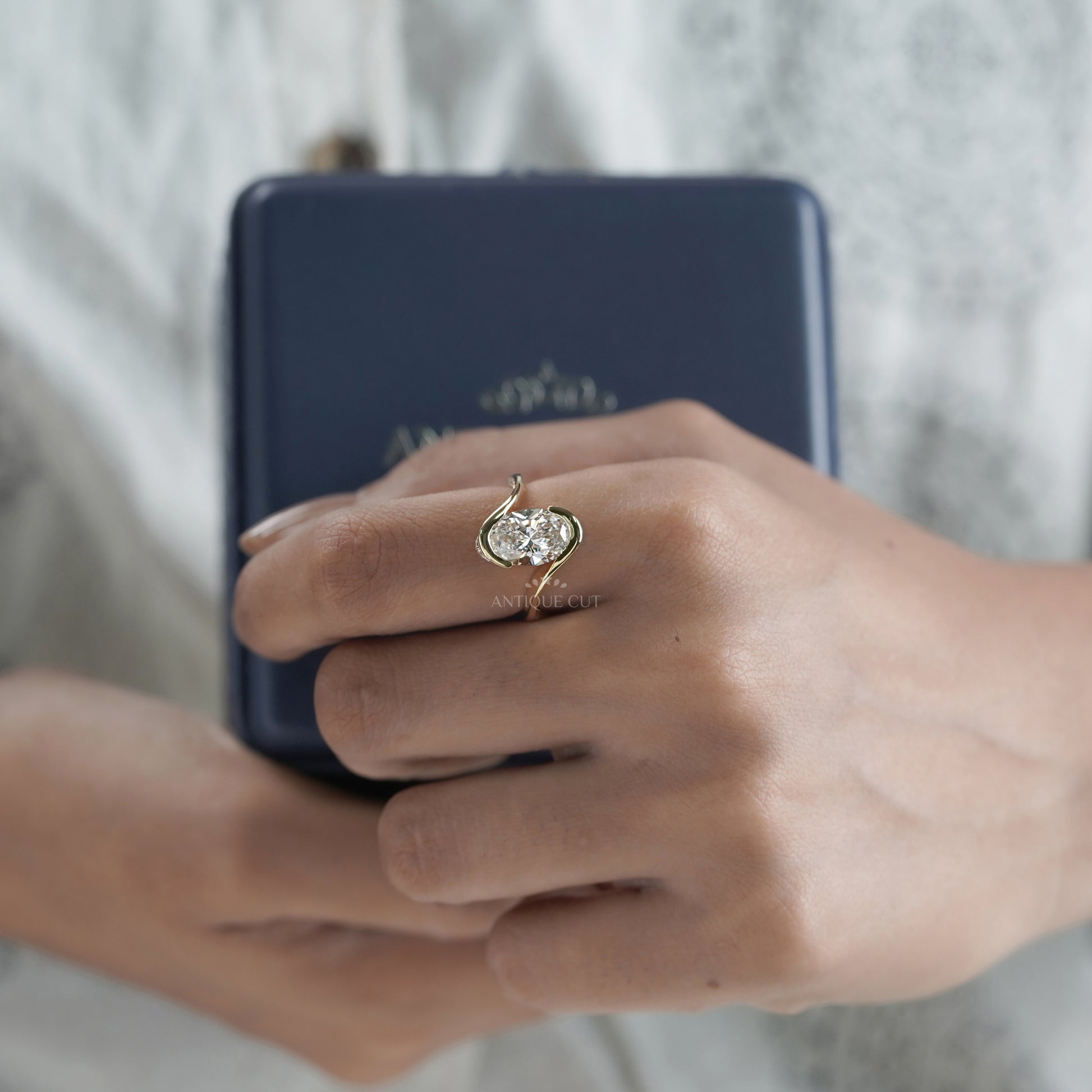 Oval 3.40tcw Lab Diamond Swirl Ring | Modern Wrap Yellow Gold Design | IGI Certified