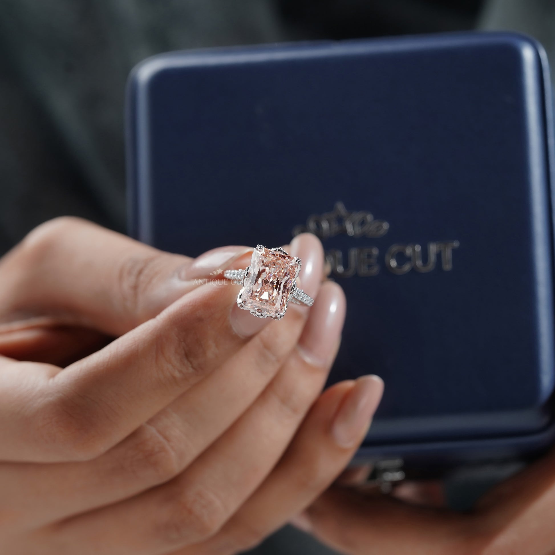 Fancy Pink Radiant 6.50tcw Lab Diamond Engagement Ring | IGI Certified | White Gold Pave Setting