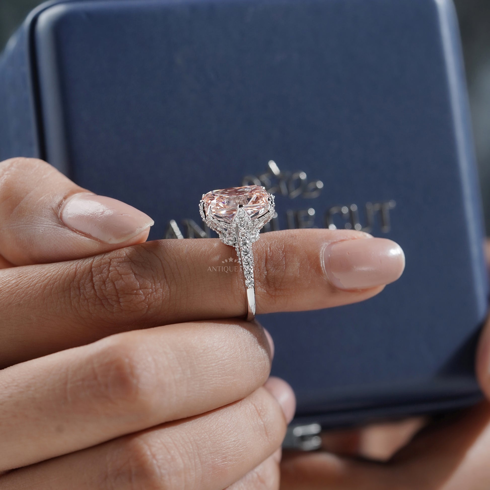 Fancy Pink Radiant 6.50tcw Lab Diamond Engagement Ring | IGI Certified | White Gold Pave Setting