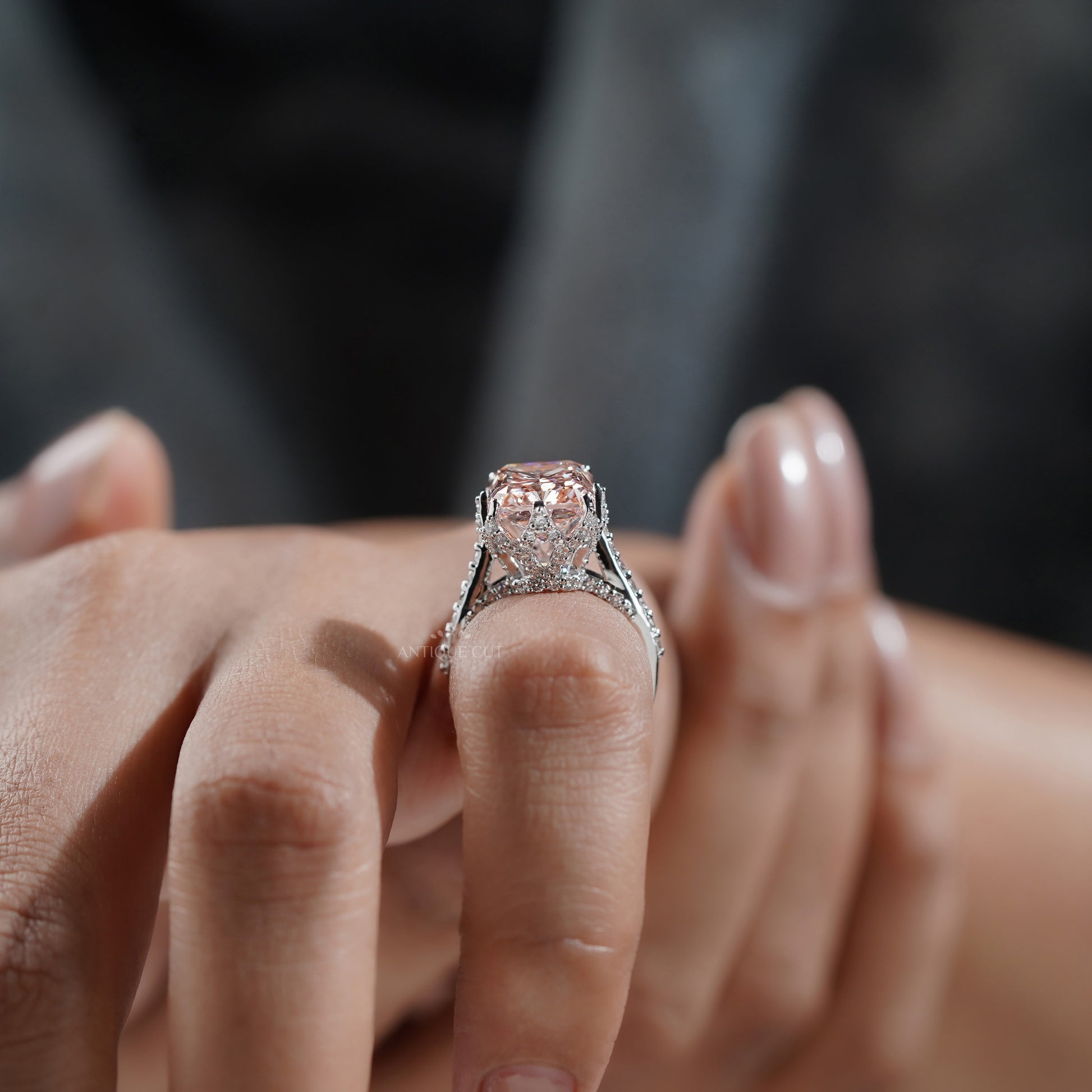 Fancy Pink Radiant 6.50tcw Lab Diamond Engagement Ring | IGI Certified | White Gold Pave Setting