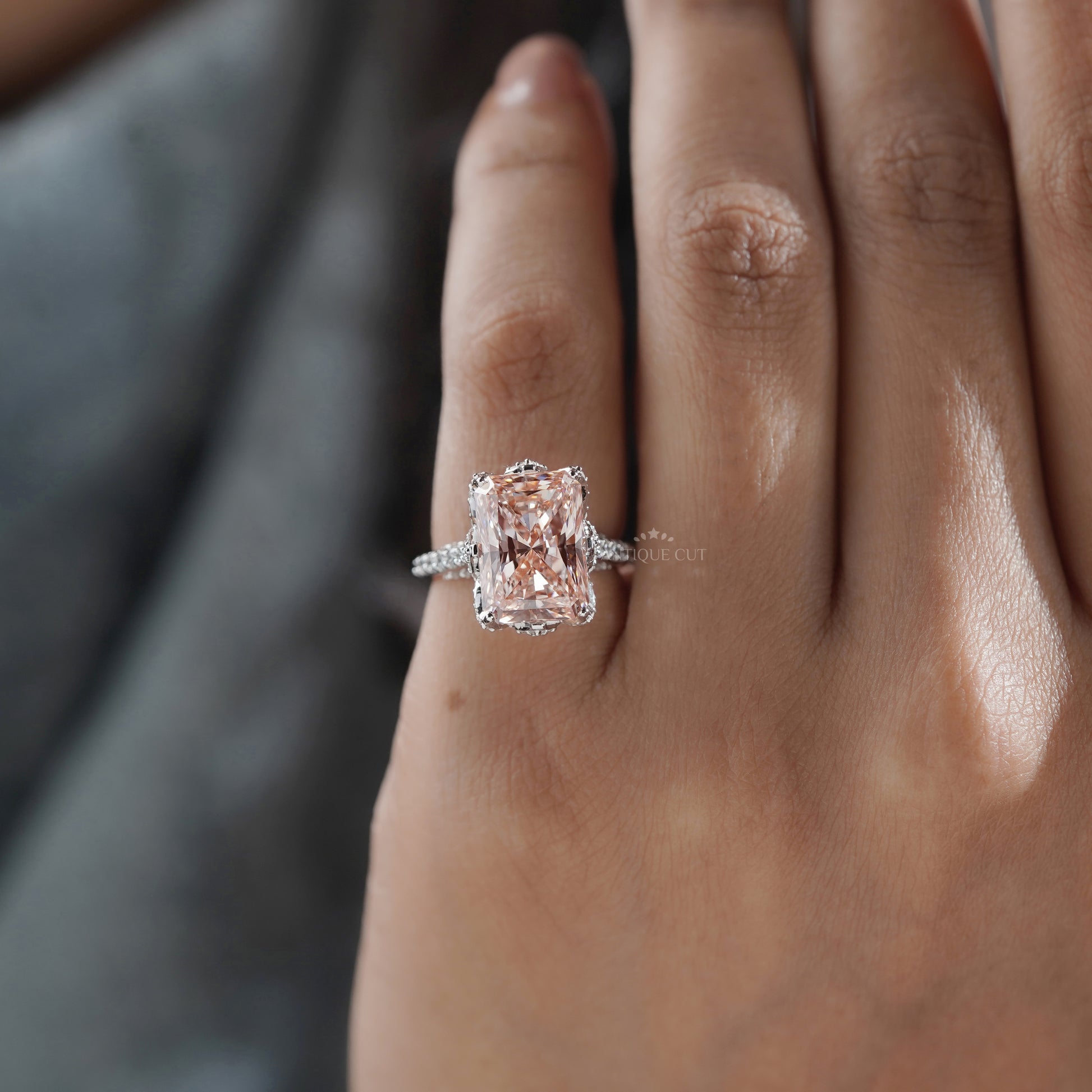 Fancy Pink Radiant 6.50tcw Lab Diamond Engagement Ring | IGI Certified | White Gold Pave Setting