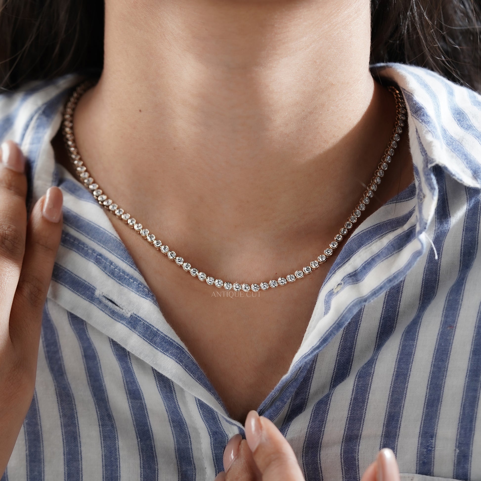 7.50tcw Diamond Tennis Necklace | Bezel Set Round Brilliant Diamonds in 14K Gold | Classic Dainty Tennis Chain | Gift for Her