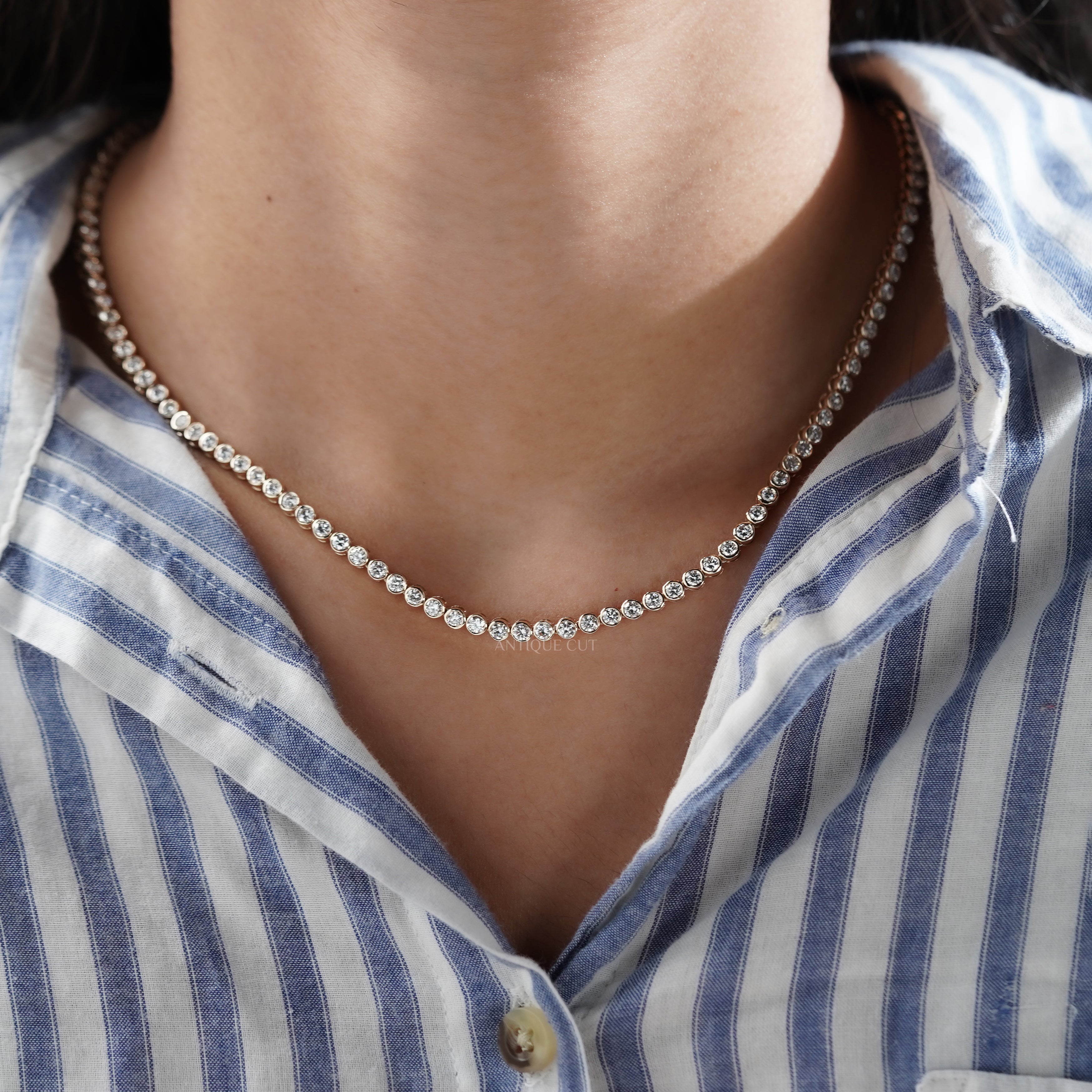 7.6ct Lab Grown Diamond Bezel Tennis Necklace | D-E-F Color, VVS–VS Clarity | 14K Yellow Gold | IGI Certified
