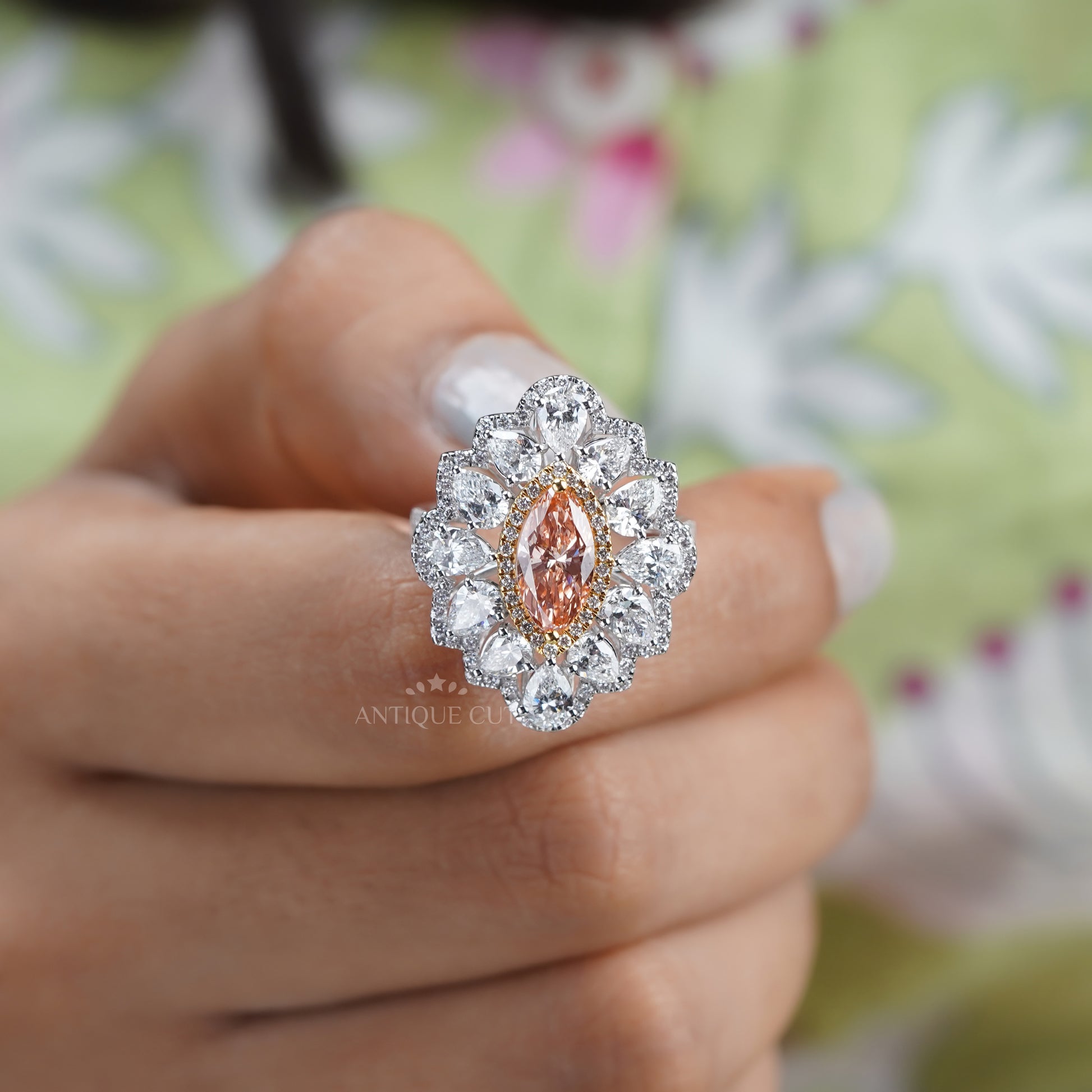 Marquise 3.50tcw Fancy Pink Lab Diamond Ring | Cluster Halo | IGI Certified | White Gold