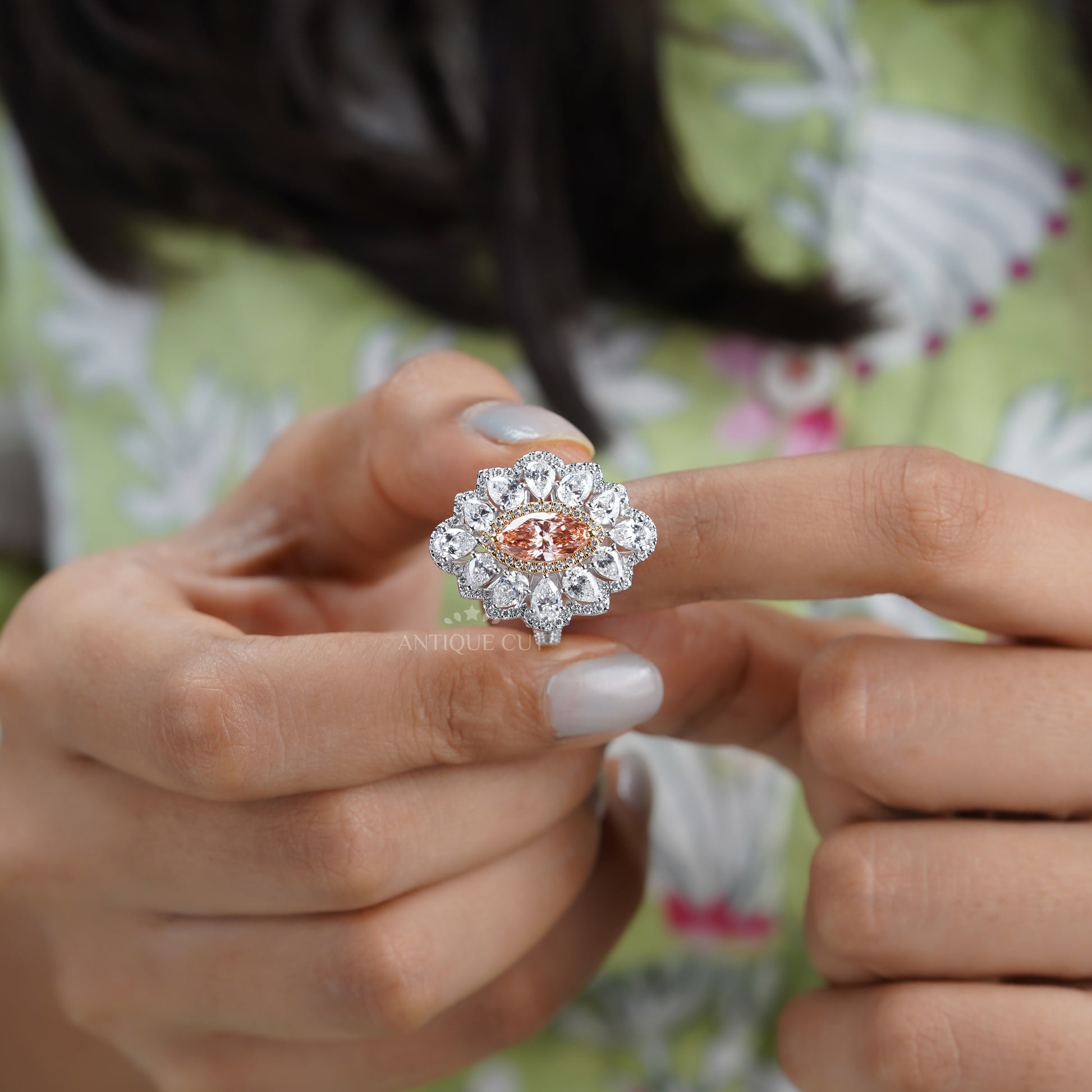 Marquise 3.50tcw Fancy Pink Lab Diamond Ring | Cluster Halo | IGI Certified | White Gold