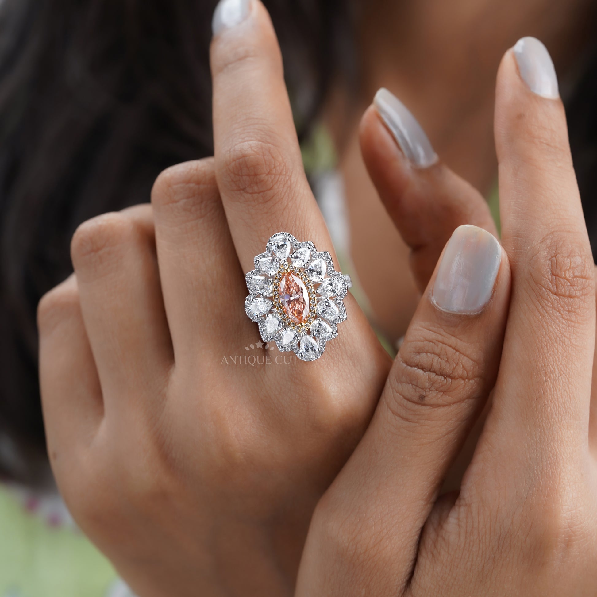 Marquise 3.50tcw Fancy Pink Lab Diamond Ring | Cluster Halo | IGI Certified | White Gold