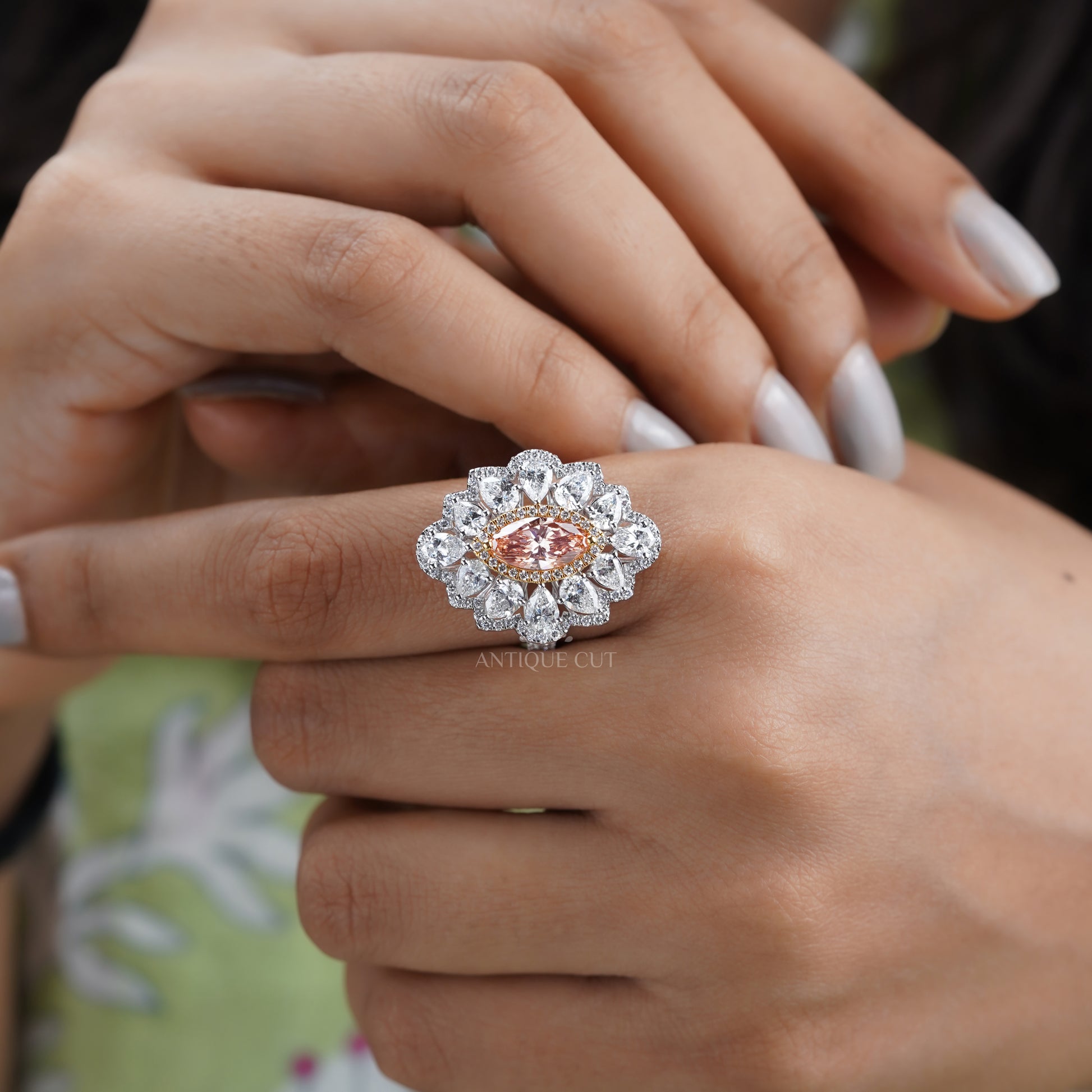 Marquise 3.50tcw Fancy Pink Lab Diamond Ring | Cluster Halo | IGI Certified | White Gold