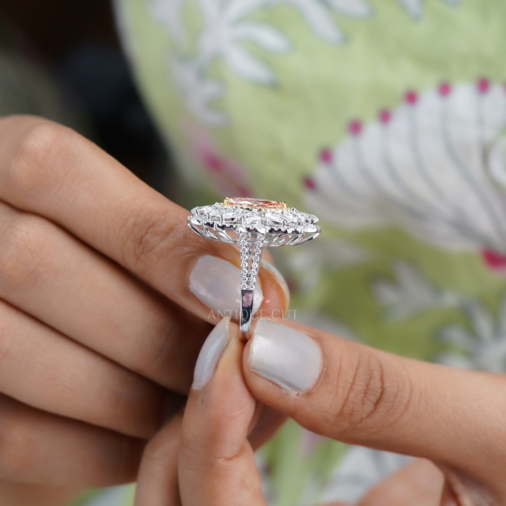 Marquise 3.50tcw Fancy Pink Lab Diamond Ring | Cluster Halo | IGI Certified | White Gold