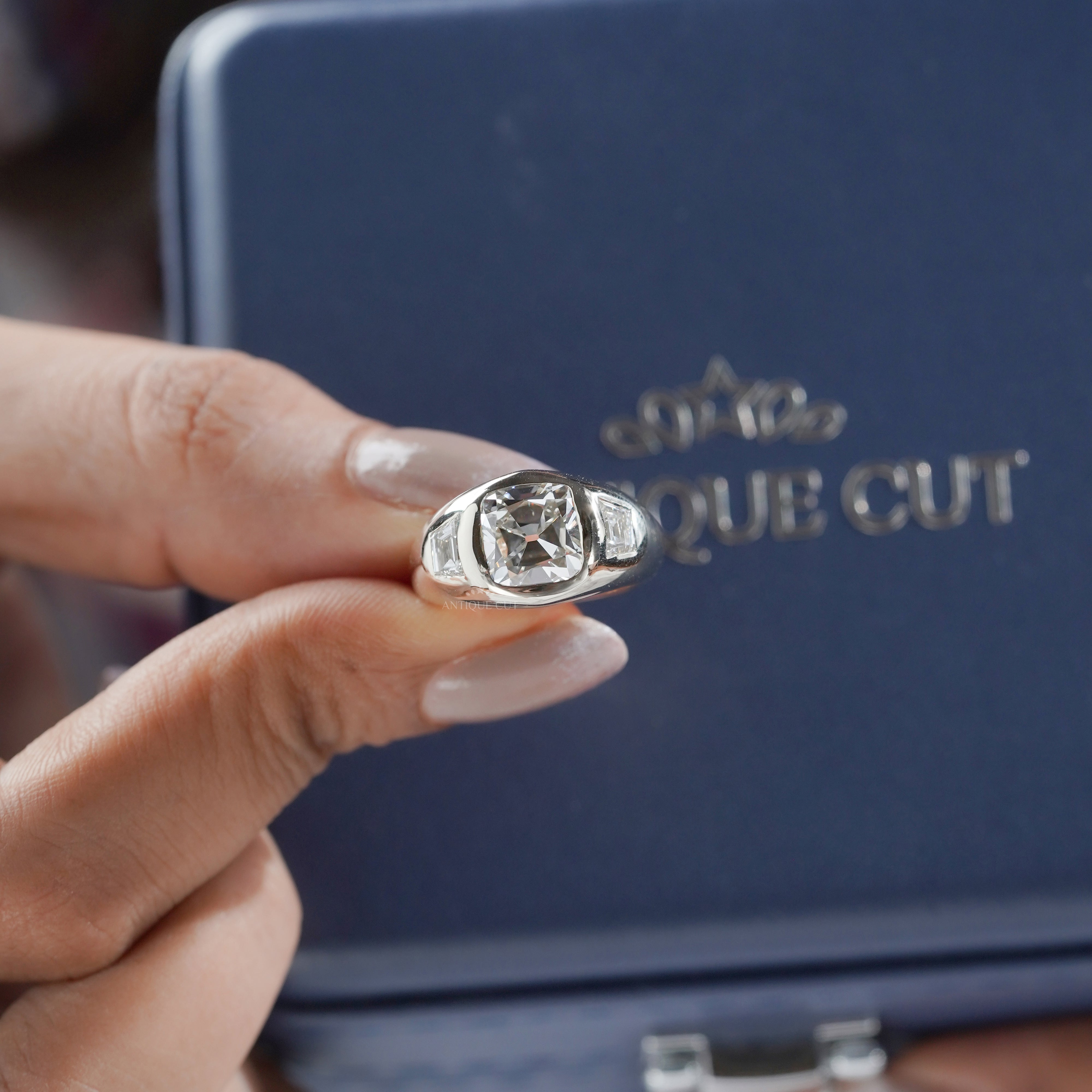 Cushion 3.70tcw Lab Diamond Ring | Baguette Side Stones | Signet Style | IGI Certified
