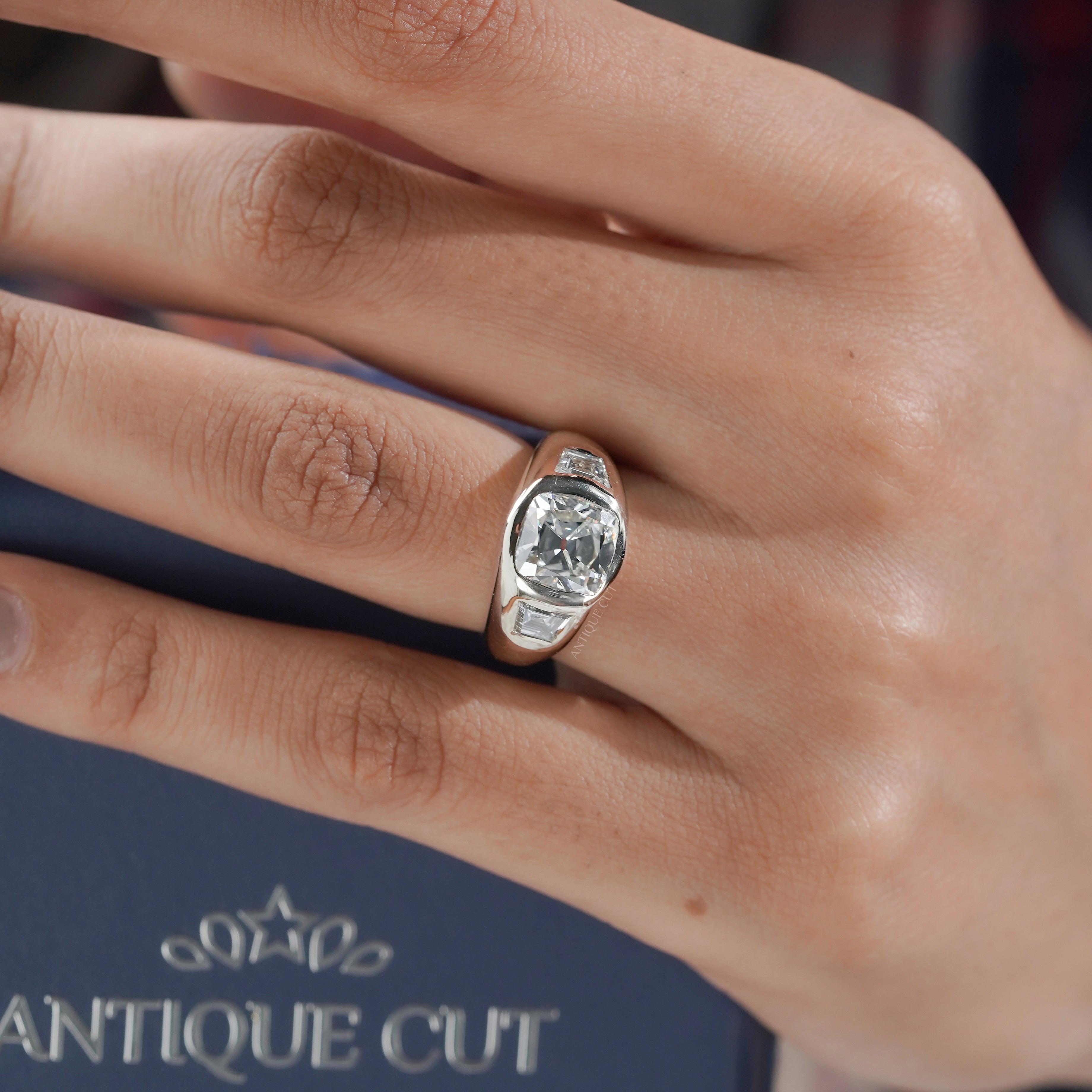 Cushion 3.70tcw Lab Diamond Ring | Baguette Side Stones | Signet Style | IGI Certified