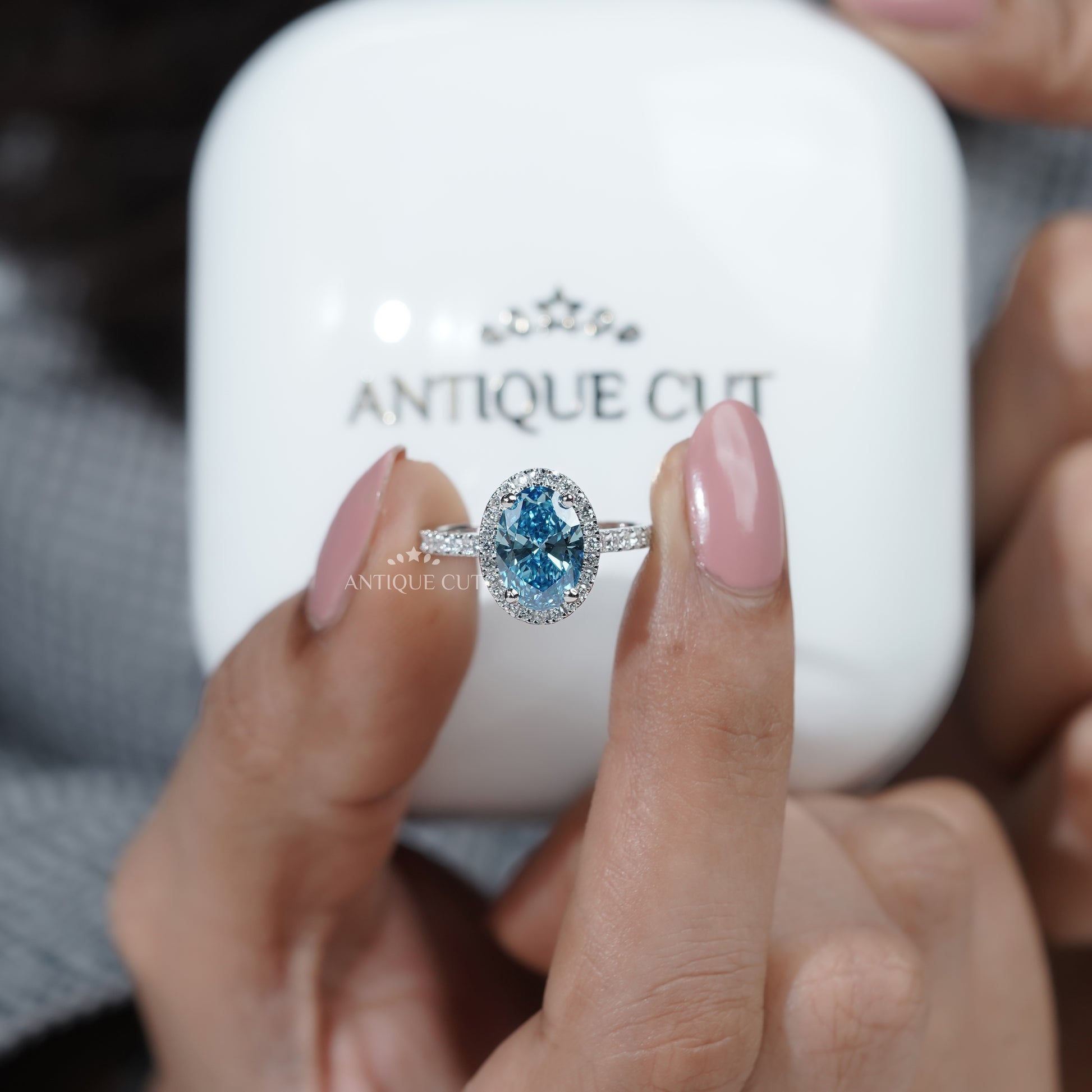 Antique Cut Fancy Blue Diamond Engagement Ring Oval Halo