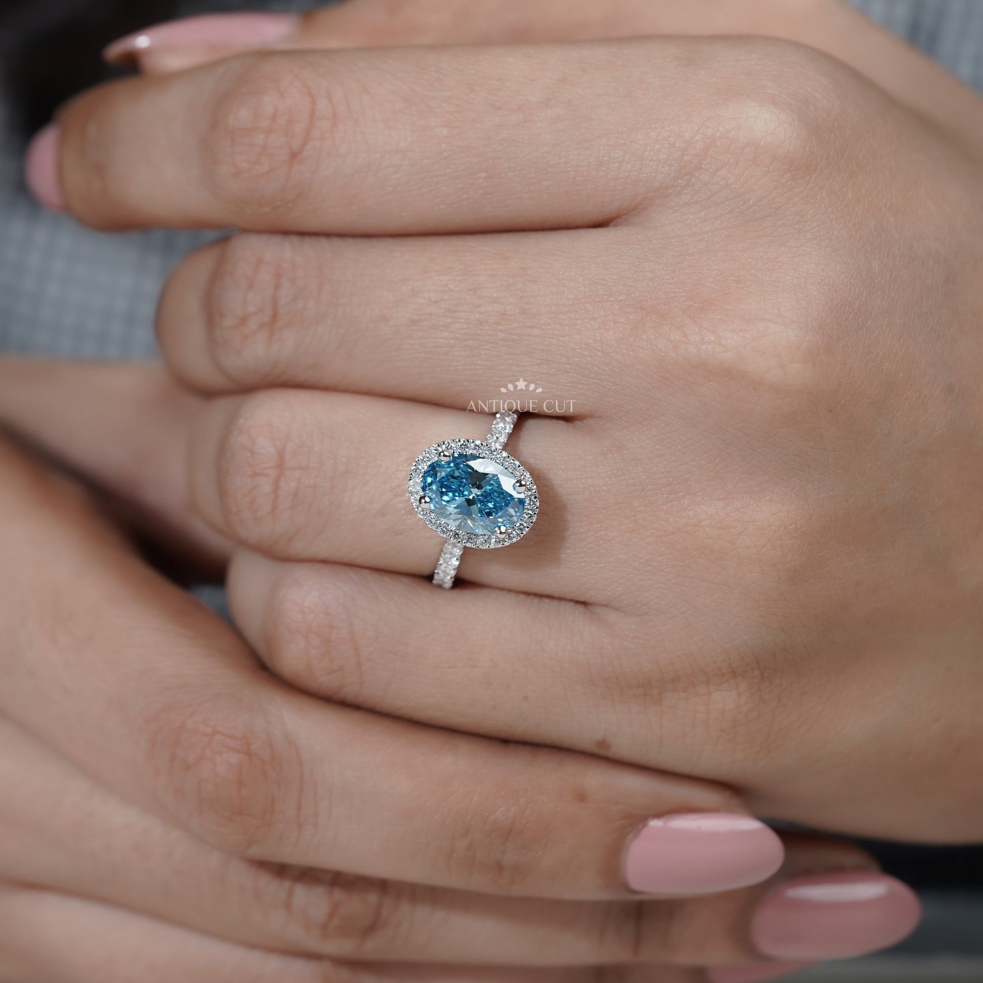 Unique Fancy Blue Diamond Ring Oval Halo Pave Band