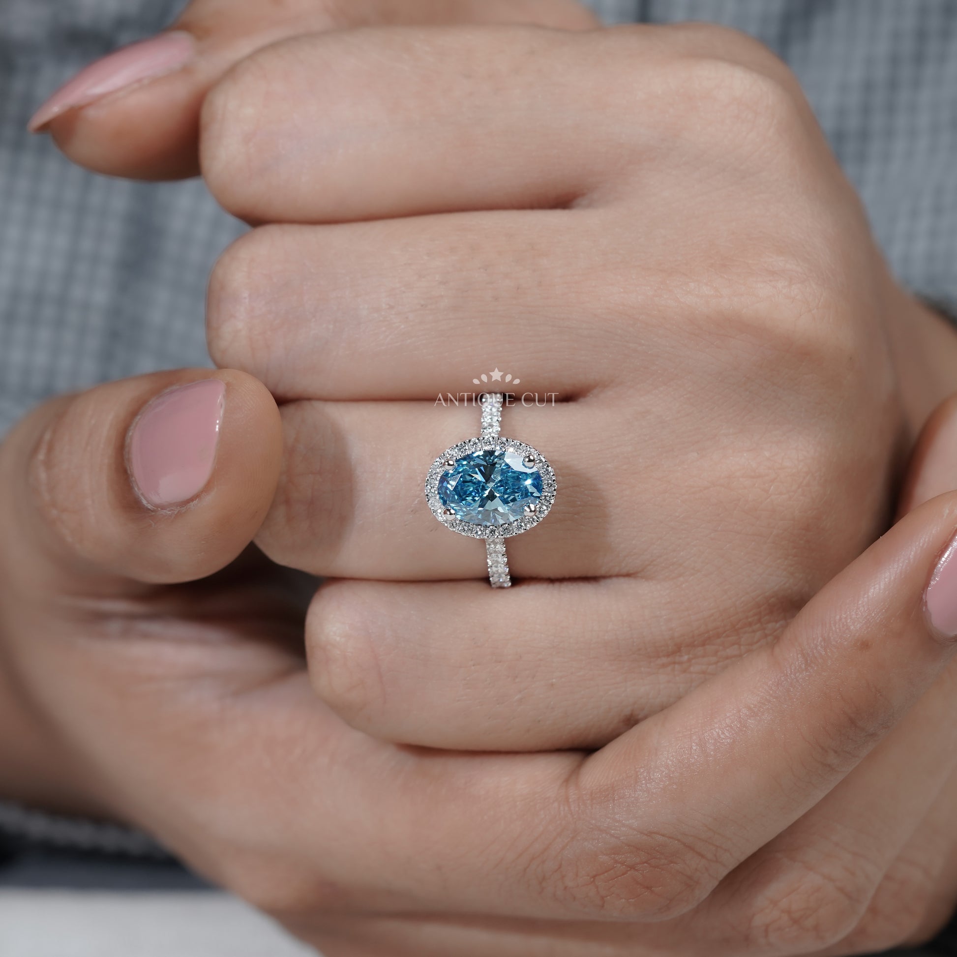 Fancy Blue Diamond Ring | Oval Halo Engagement Ring With Pave Band | IGI Certified
