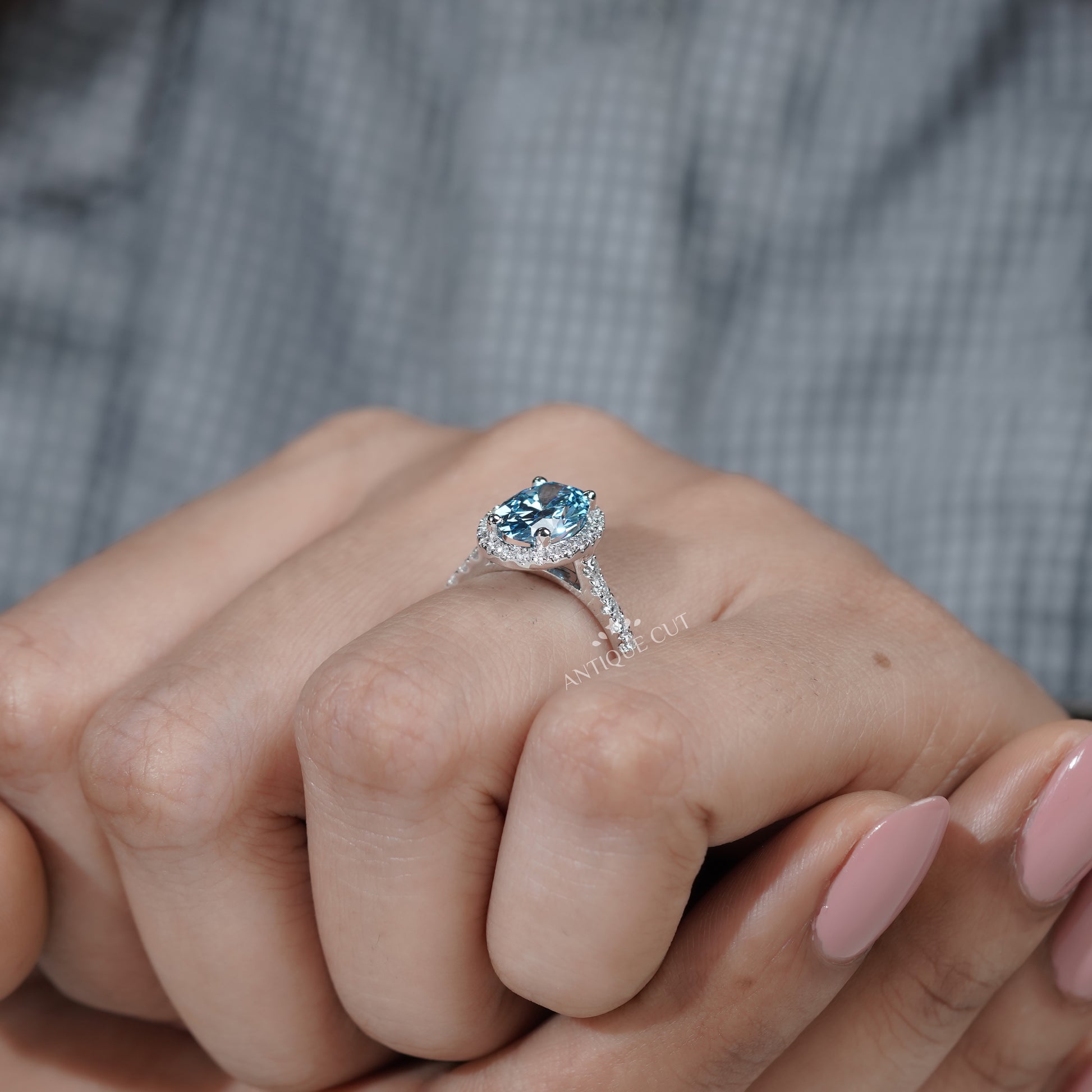 Luxury Fancy Blue Diamond Ring White Gold Oval Halo