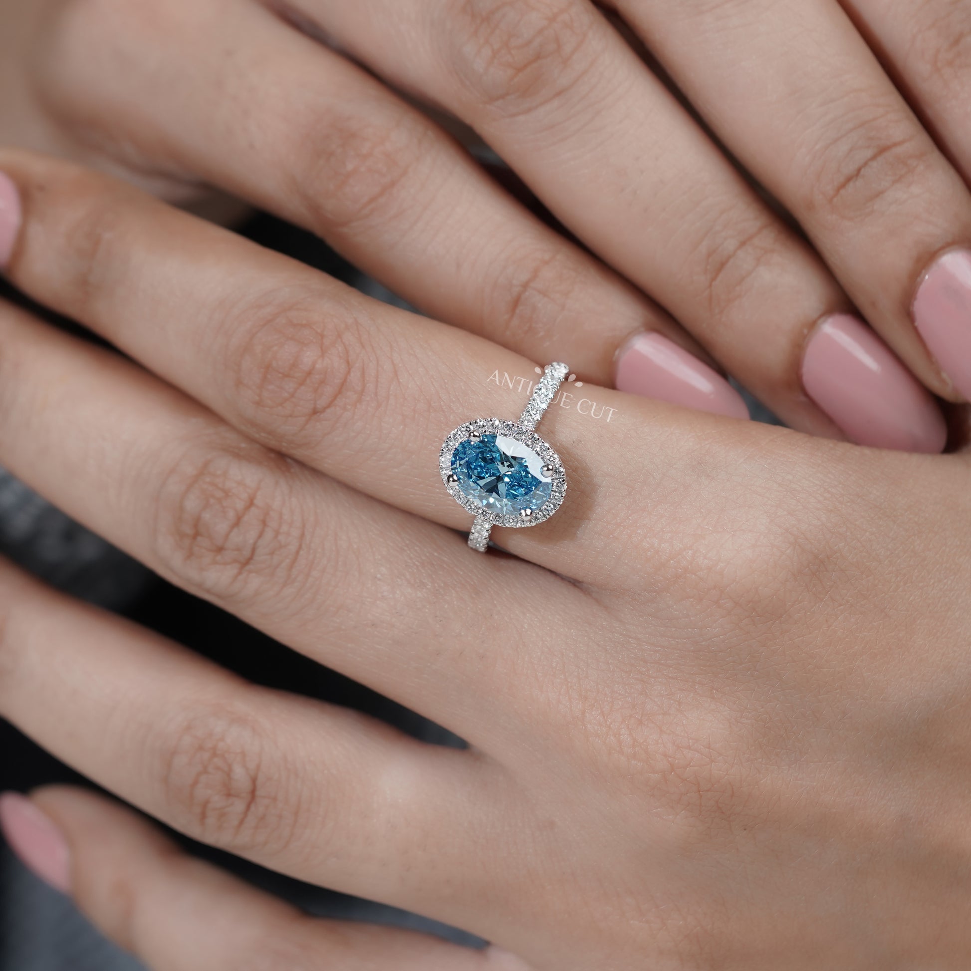 Oval Halo Fancy Blue Diamond Ring Pave Band Design