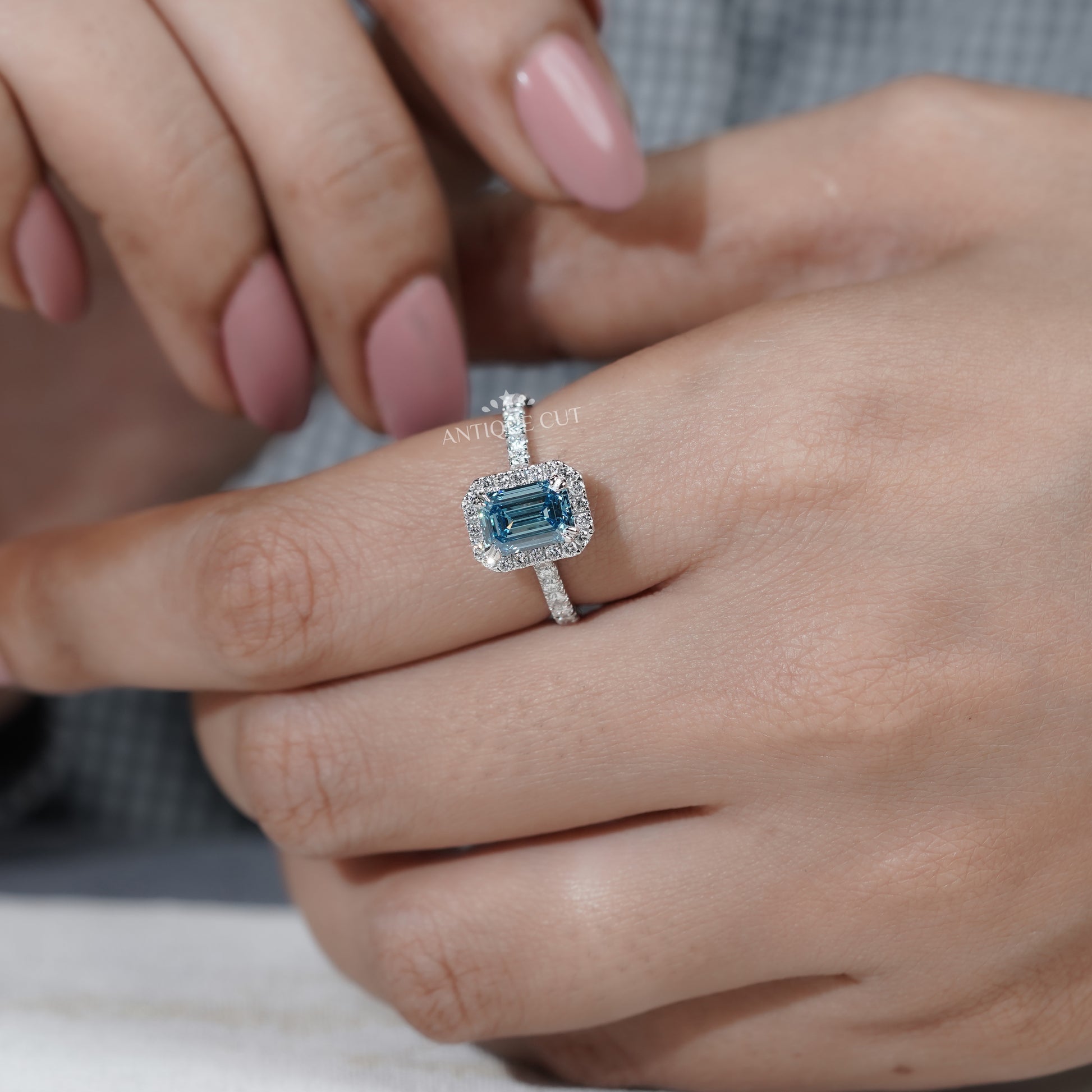 Vintage inspired fancy blue diamond engagement ring
