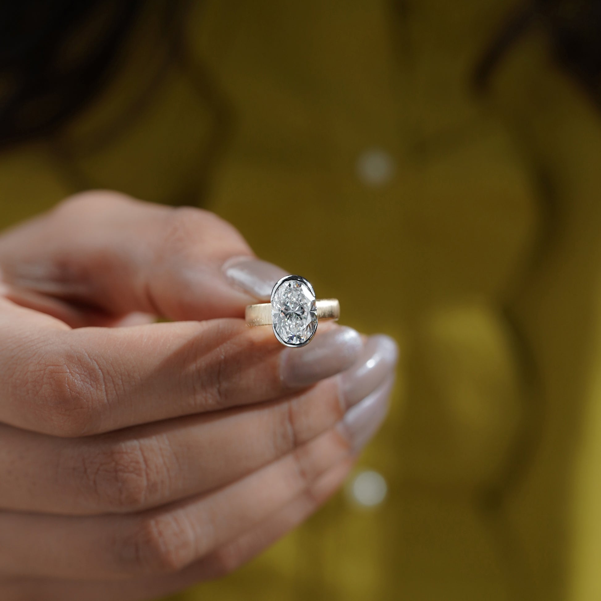 4ct Oval Lab Grown Diamond Bezel Engagement Ring | Two-Tone Matte Finish | IGI Certified D-E-F  VVS–VS