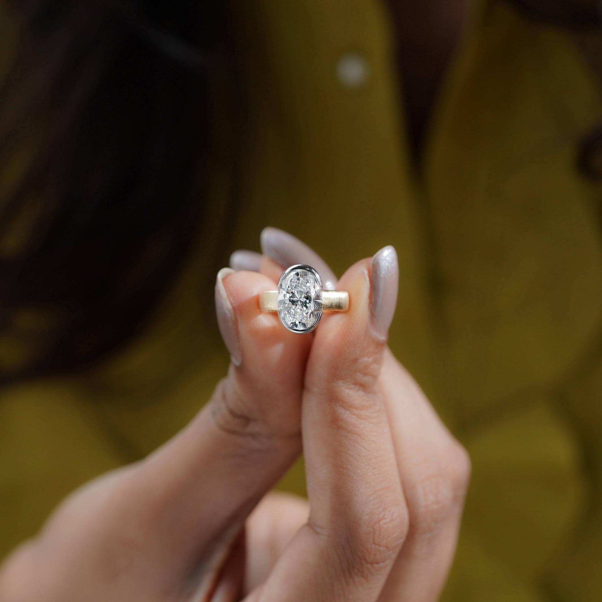 4ct Oval Lab Grown Diamond Bezel Engagement Ring | Two-Tone Matte Finish | IGI Certified D-E-F  VVS–VS