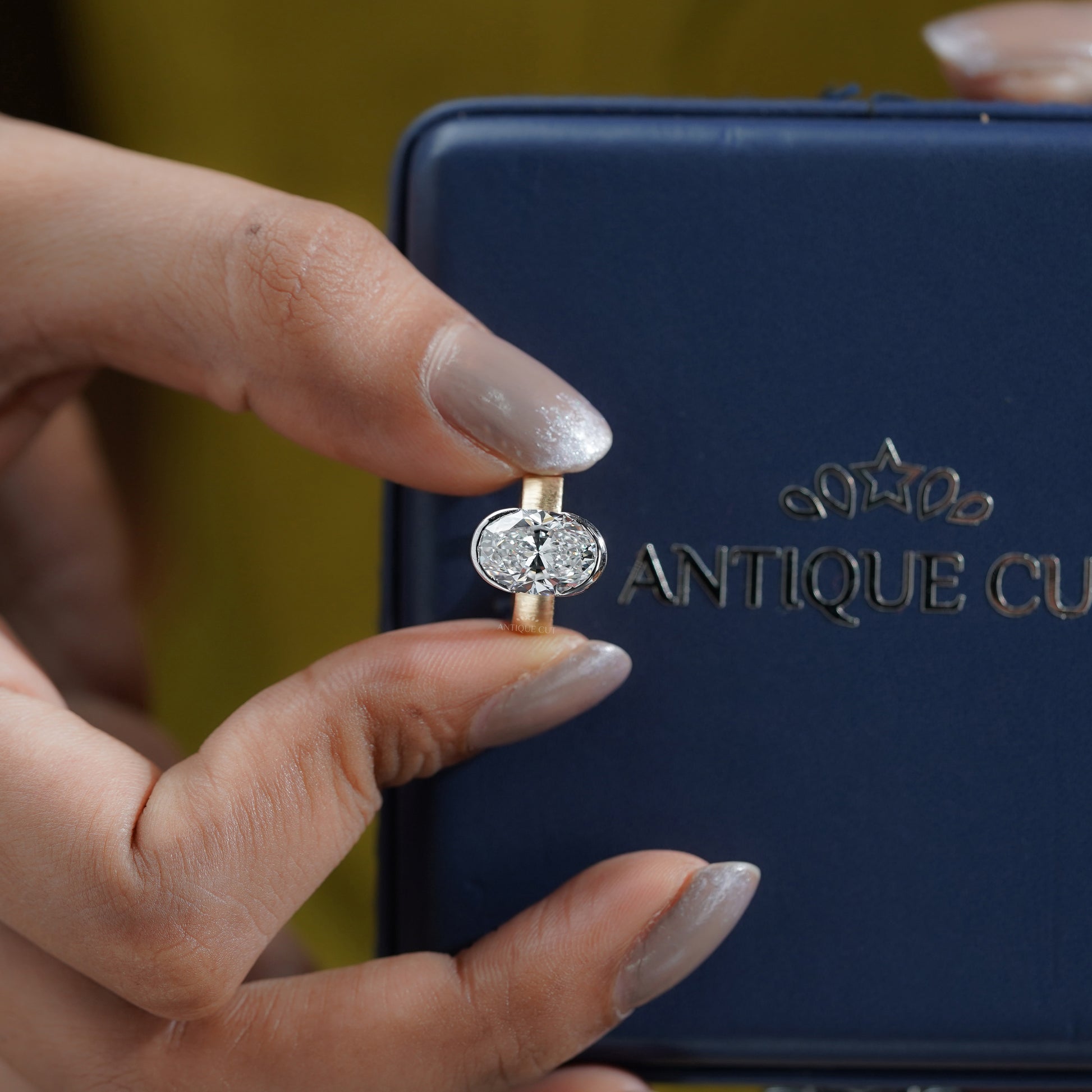 4ct Oval Lab Grown Diamond Bezel Engagement Ring | Two-Tone Matte Finish | IGI Certified D-E-F  VVS–VS