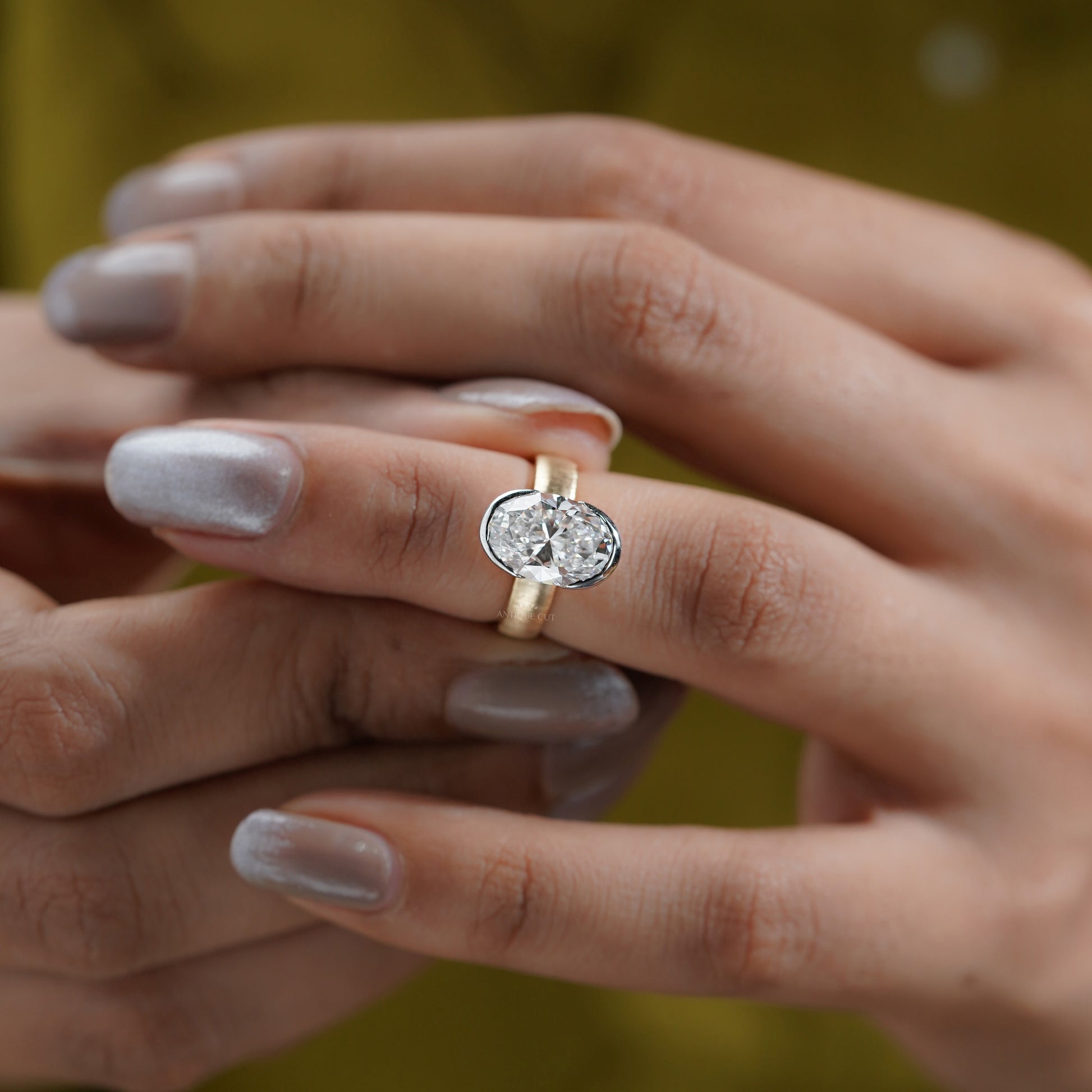 4ct Oval Lab Grown Diamond Bezel Engagement Ring | Two-Tone Matte Finish | IGI Certified D-E-F  VVS–VS