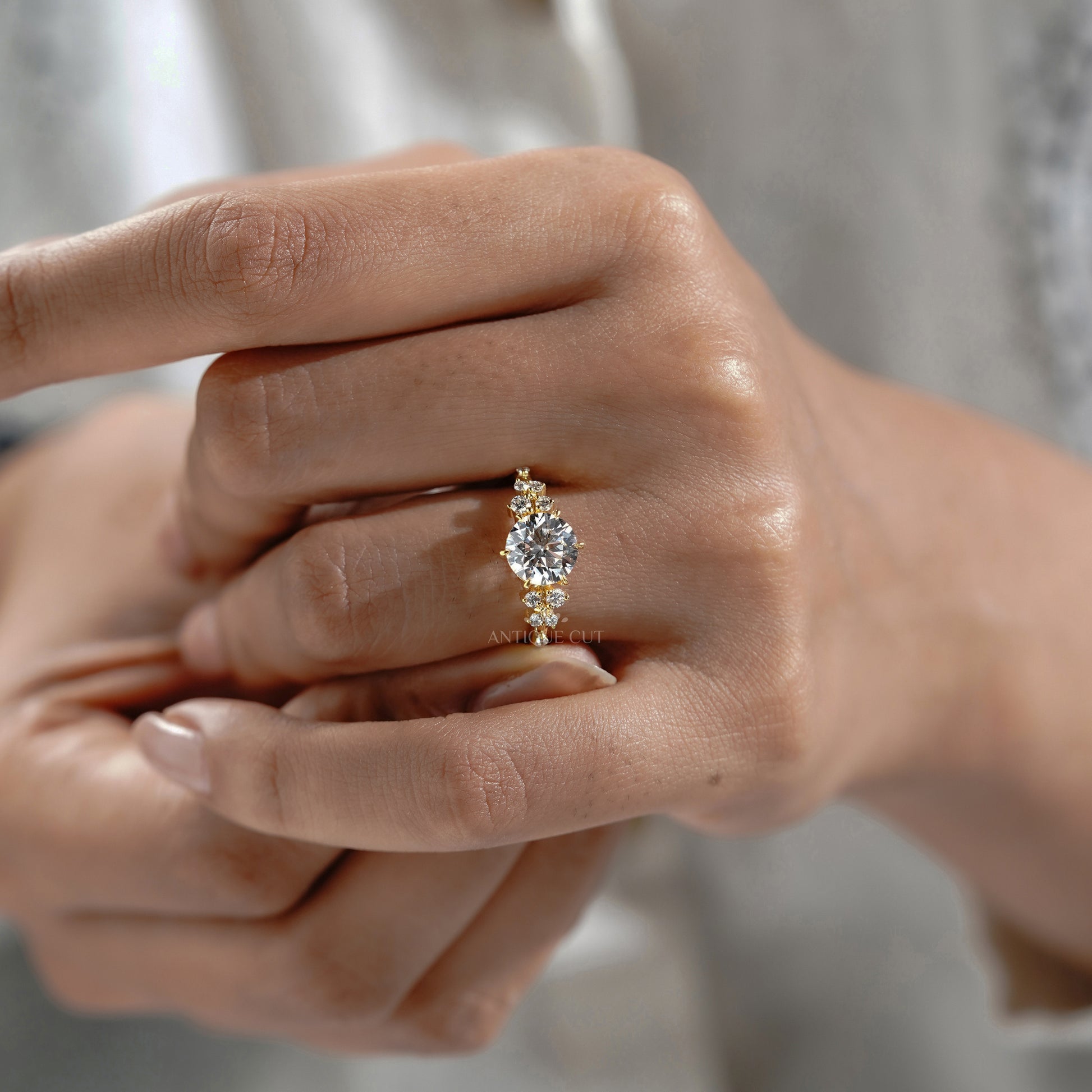 Round 2.30tcw Lab Diamond Engagement Ring | IGI Certified | Yellow Gold Cluster Side Stone Ring