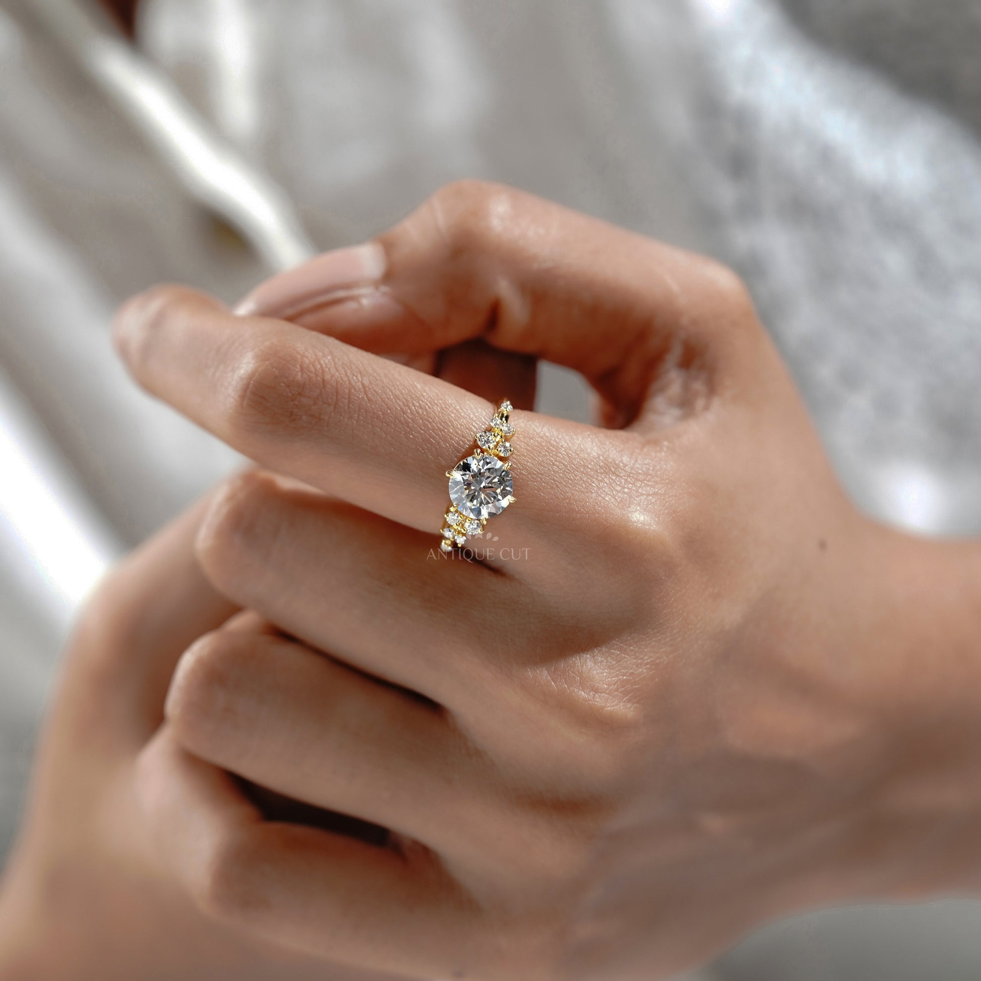 Round 2.30tcw Lab Diamond Engagement Ring | IGI Certified | Yellow Gold Cluster Side Stone Ring