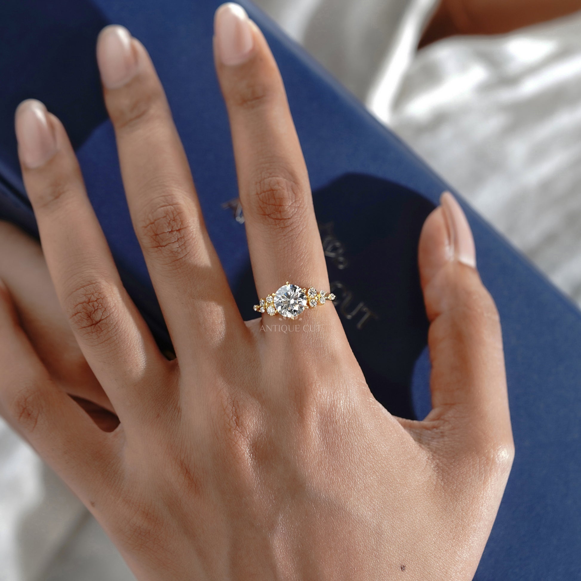 Round 2.30tcw Lab Diamond Engagement Ring | IGI Certified | Yellow Gold Cluster Side Stone Ring