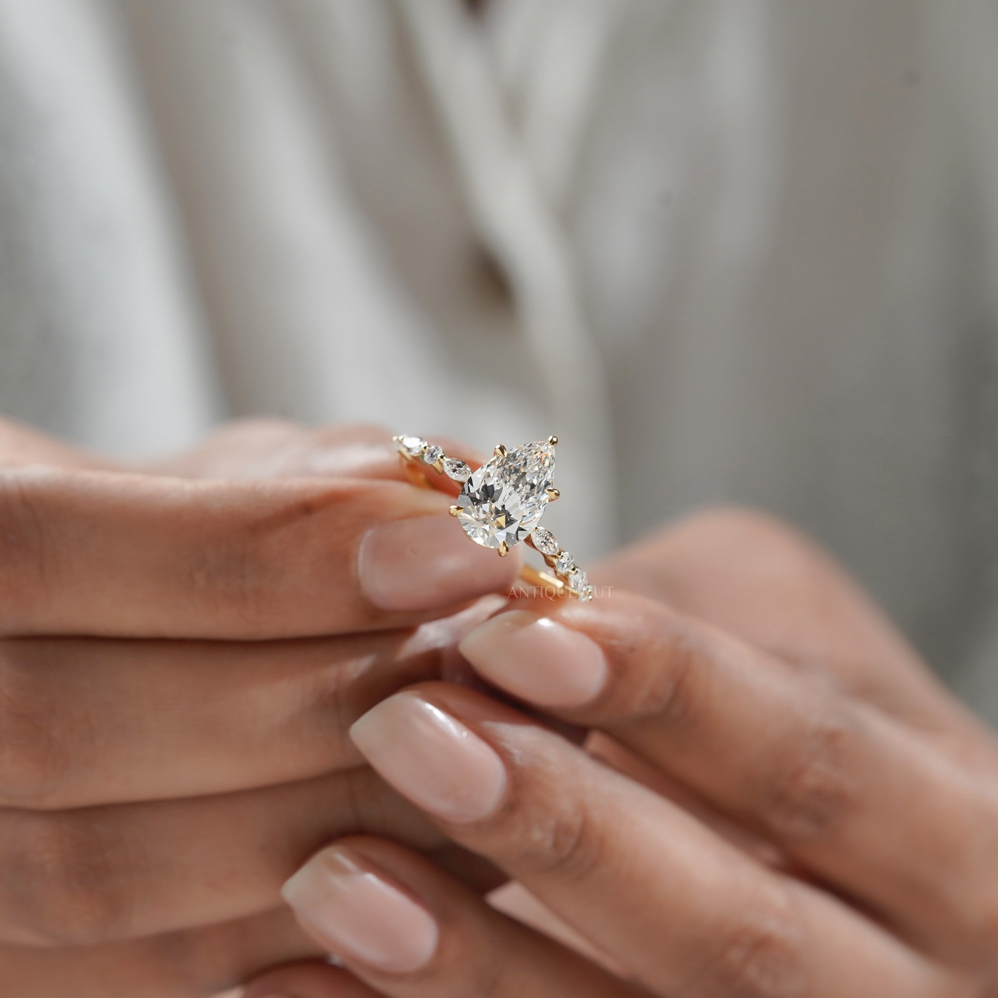 Pear 3.00tcw Lab Grown Diamond Engagement Ring with Side Stones | IGI Certified
