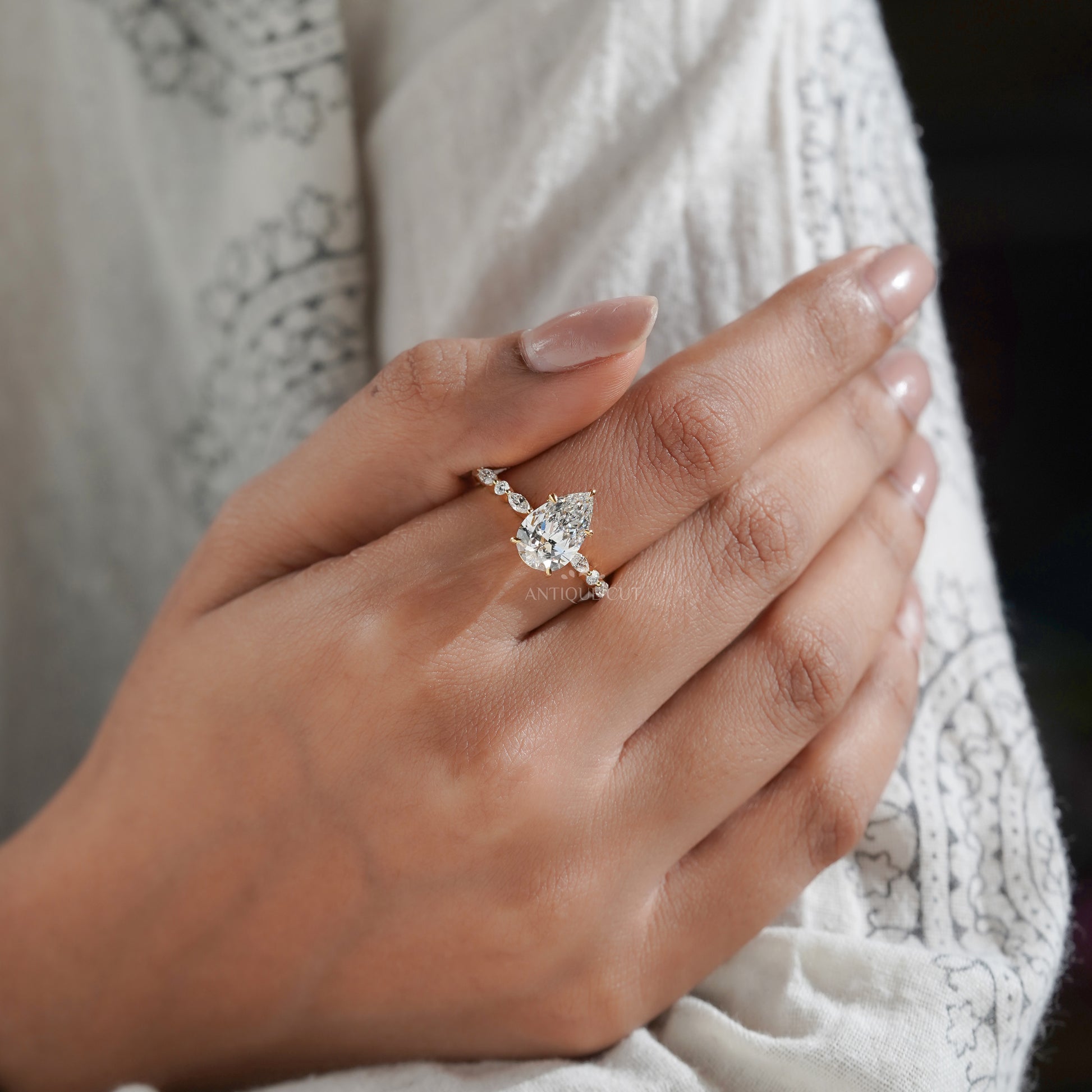 Pear 3.00tcw Lab Grown Diamond Engagement Ring with Side Stones | IGI Certified