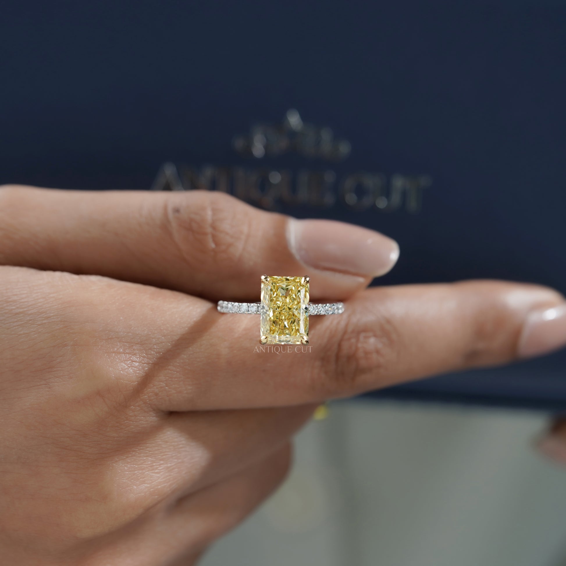 Fancy Yellow 4.40tcw Radiant Lab Diamond Engagement Ring | IGI Certified | White Gold Pave Band