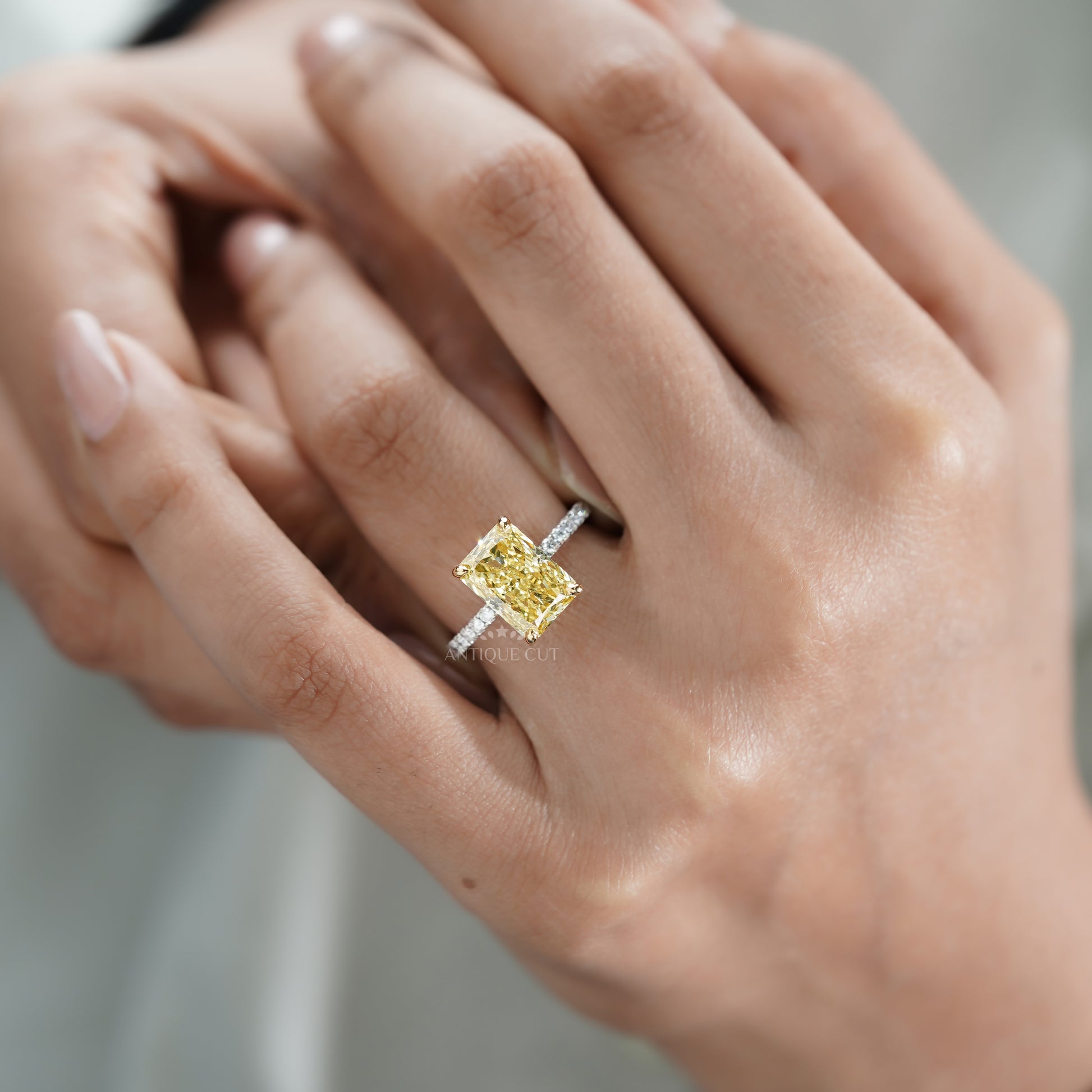 Fancy Yellow 4.40tcw Radiant Lab Diamond Engagement Ring | IGI Certified | White Gold Pave Band