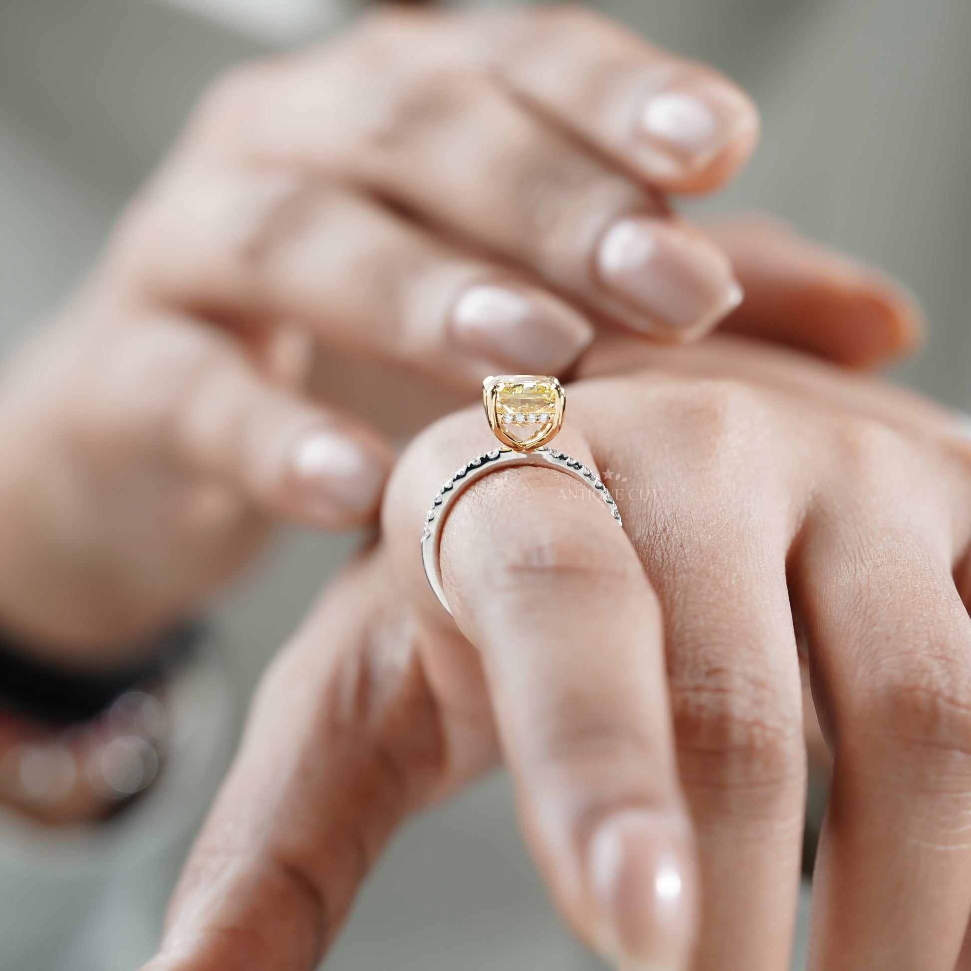 Fancy Yellow 4.40tcw Radiant Lab Diamond Engagement Ring | IGI Certified | White Gold Pave Band